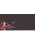 Anime desk pad 36x16 inches featuring Megumin from KonoSuba, with a dramatic pose on a deep plum background.