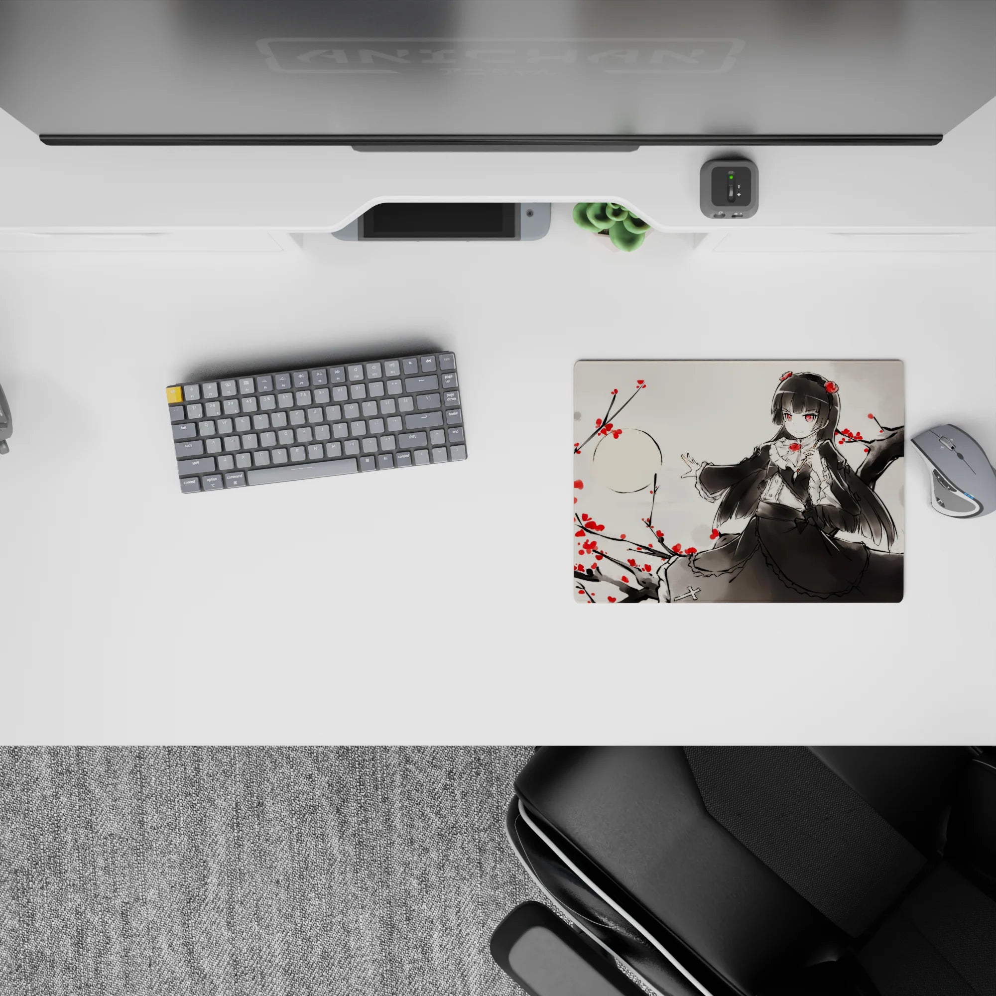 Moody 14x10 inches anime mouse pad in ink-wash grays with crimson blossoms, red-eyed gothic vibe.