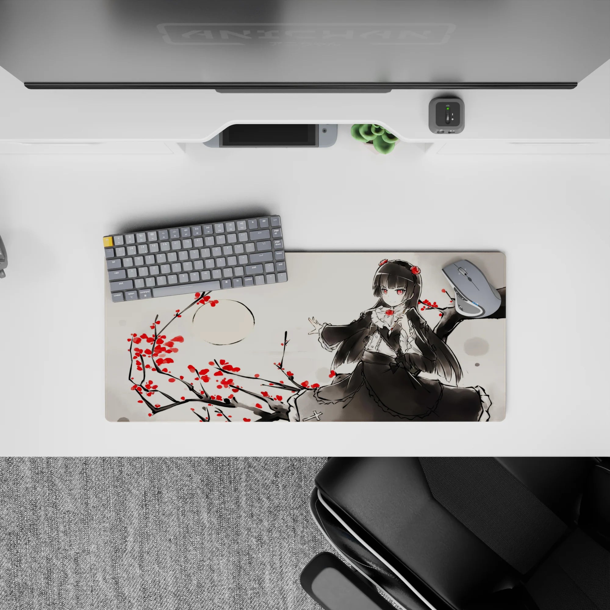 Moody ink-wash gray anime mouse pad 28x12 inches with crimson rose accents and sharp red-eyed vibe.