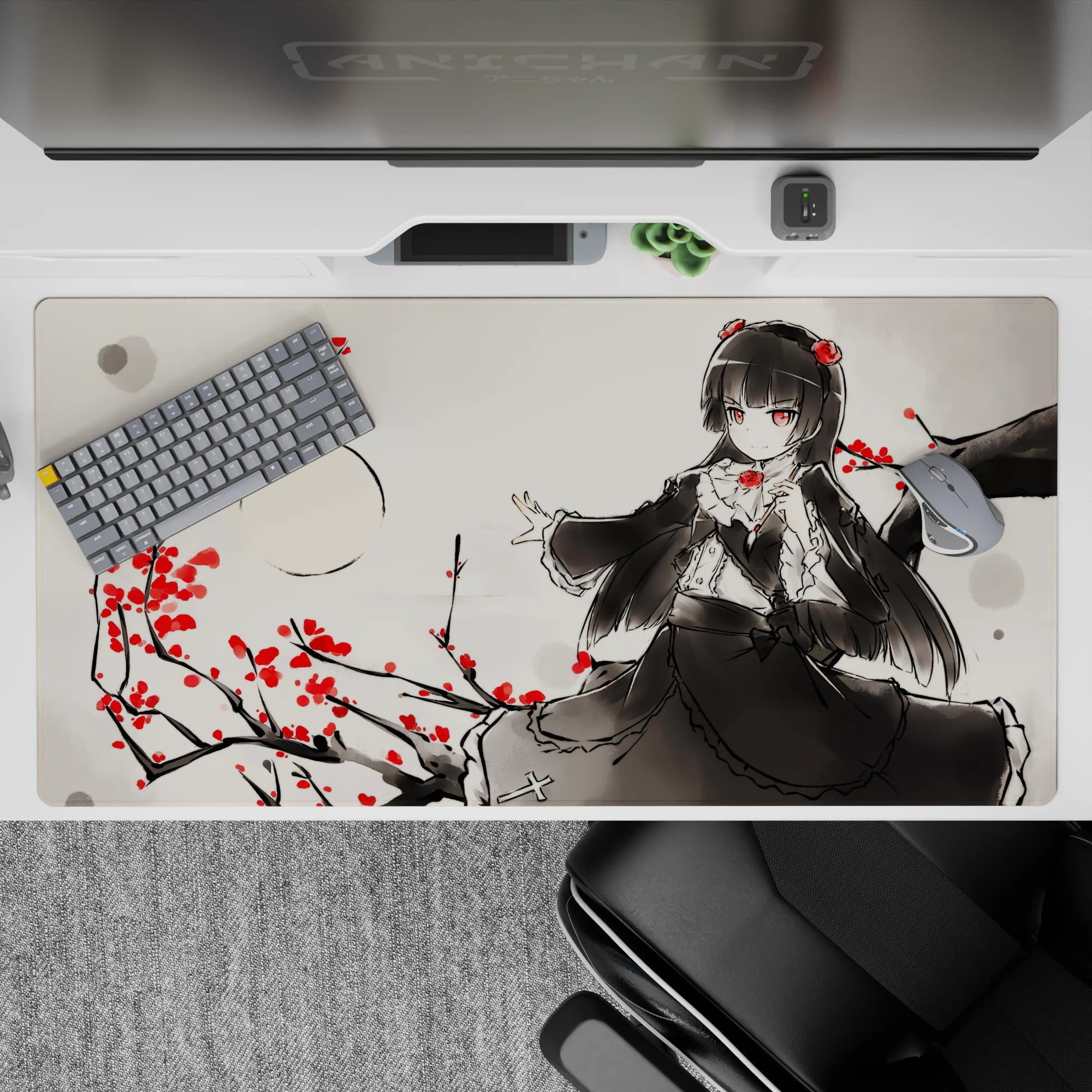 Moody ink-wash gray anime desk pad 40x20 inches with raven hair and crimson blossoms, midnight vibe.