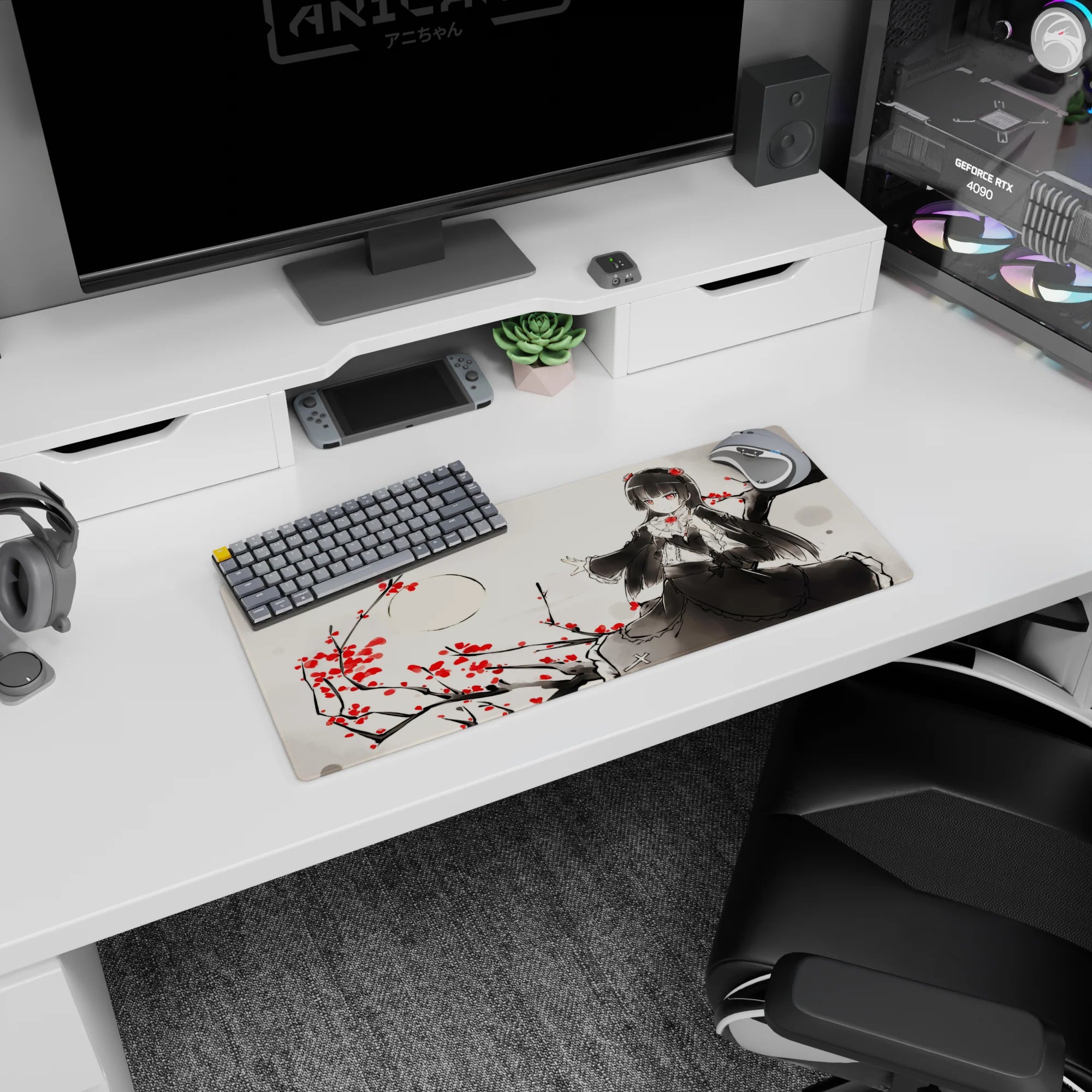 Raven-haired doll-like anime heroine mouse pad 28x12 inches amid branches and scattered red blossoms.