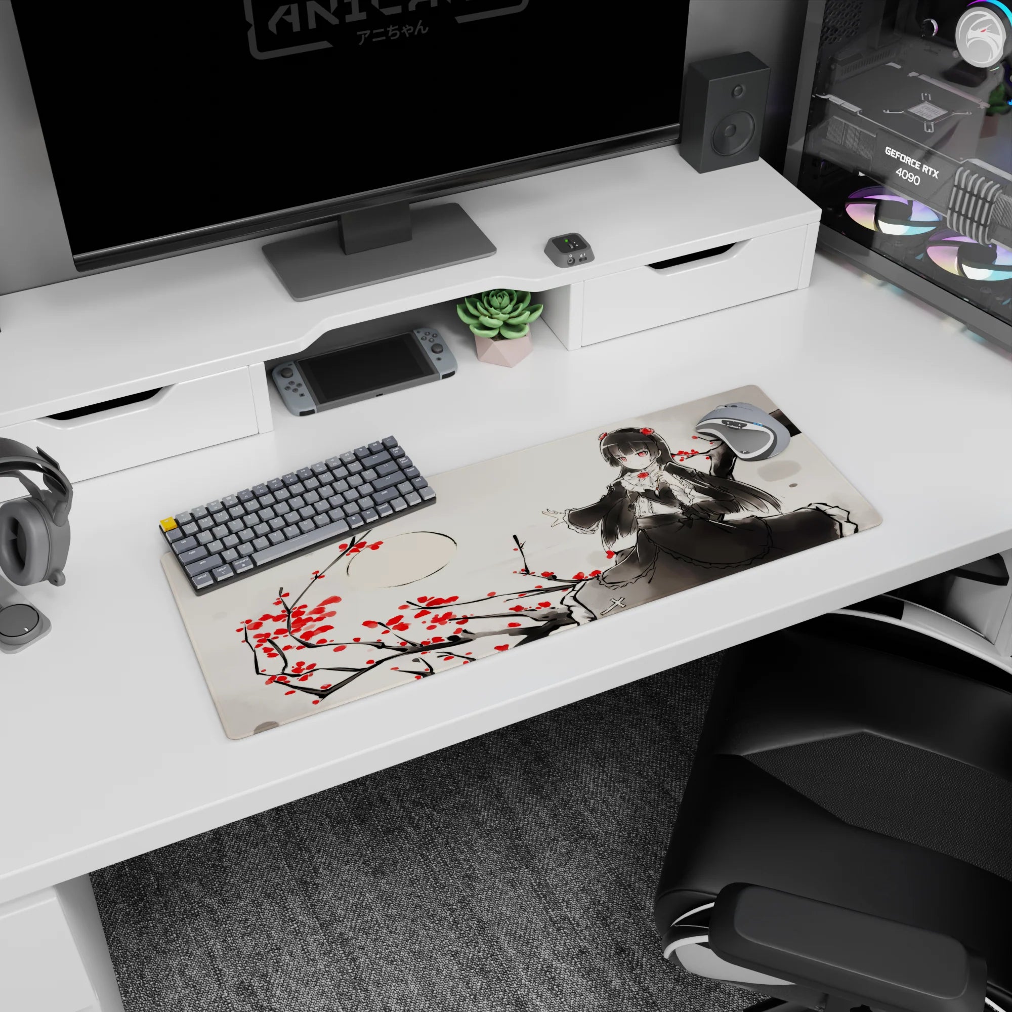 Red-eyed raven-haired anime girl in frilly black lace beneath rose branches mouse pad 32x12 inches.