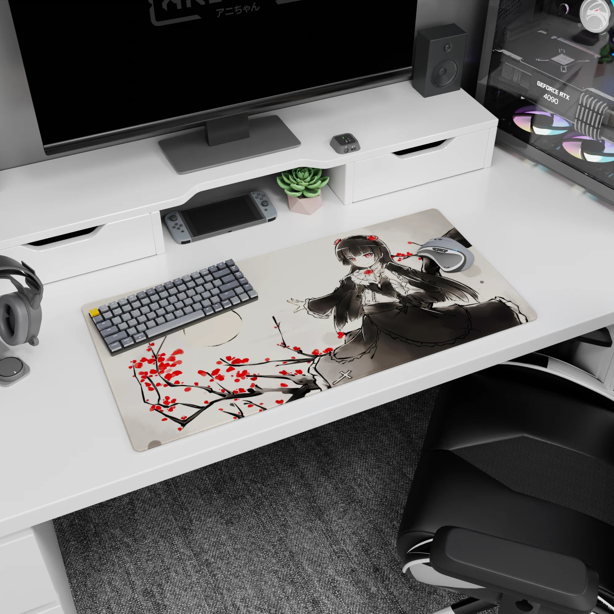 Raven-haired doll-like anime heroine mouse pad 32x16 inches amid branches and scattered red roses.