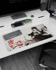 Raven-haired doll-like anime heroine mouse pad 32x16 inches amid branches and scattered red roses.