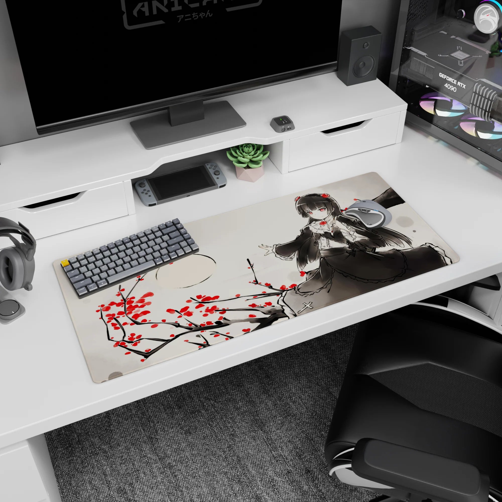 Raven-haired anime heroine in frilly black beside rose-strewn branches desk pad 36x16 inches.