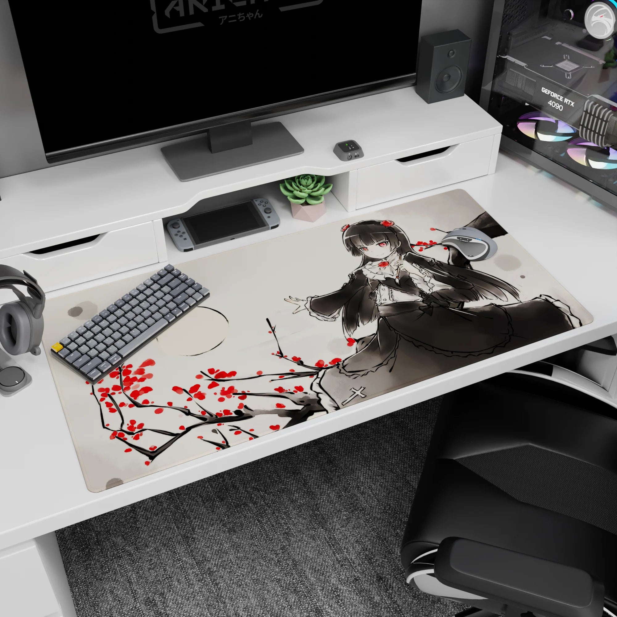 Raven-haired doll-like anime girl on branches with scattered red roses desk pad 40x20 inches.