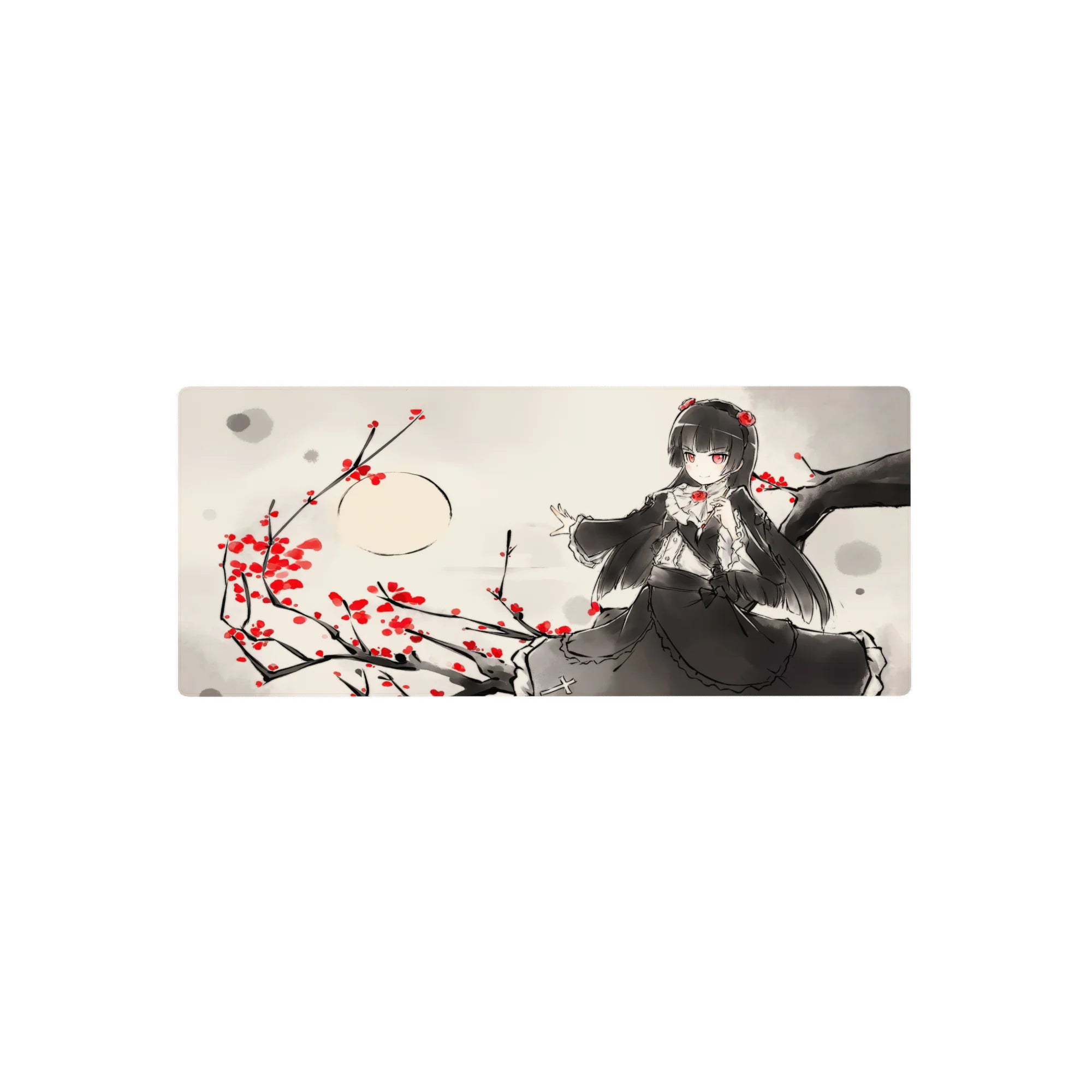 Gothic-cute anime girl mouse pad 28x12 inches with frilly black lace dress, roses, and branches.