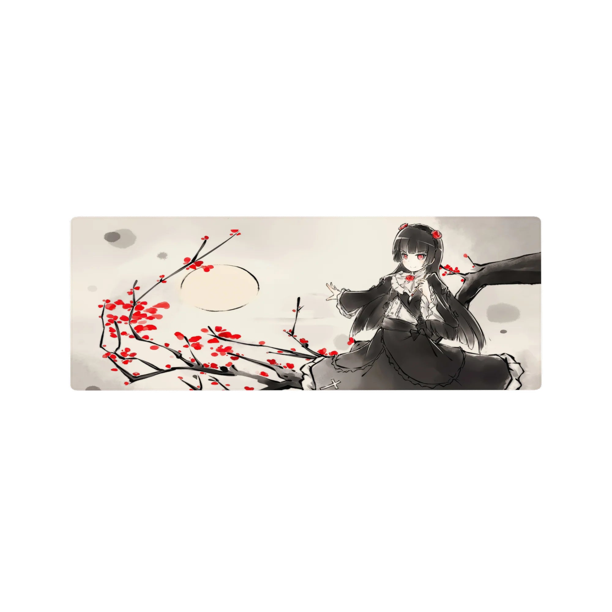 Gothic cute anime girl mouse pad 32x12 inches with black lace dress, roses, and raven hair.