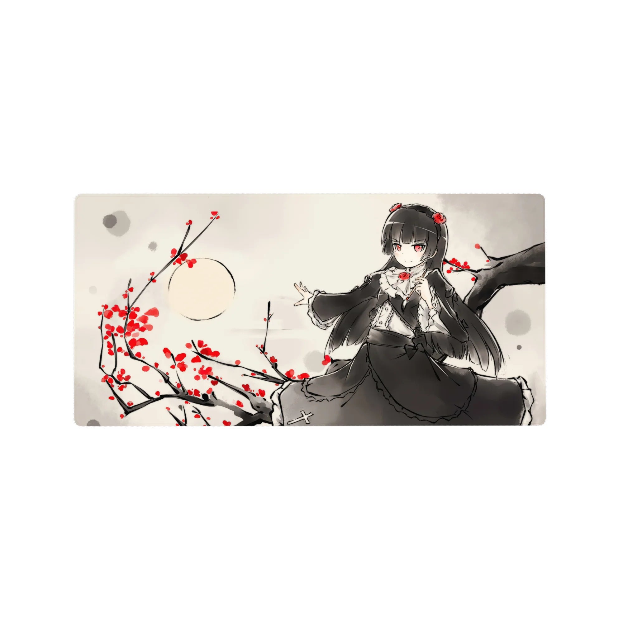 Gothic-cute anime girl mouse pad 32x16 inches with lace dress, red eyes, and rose accents.
