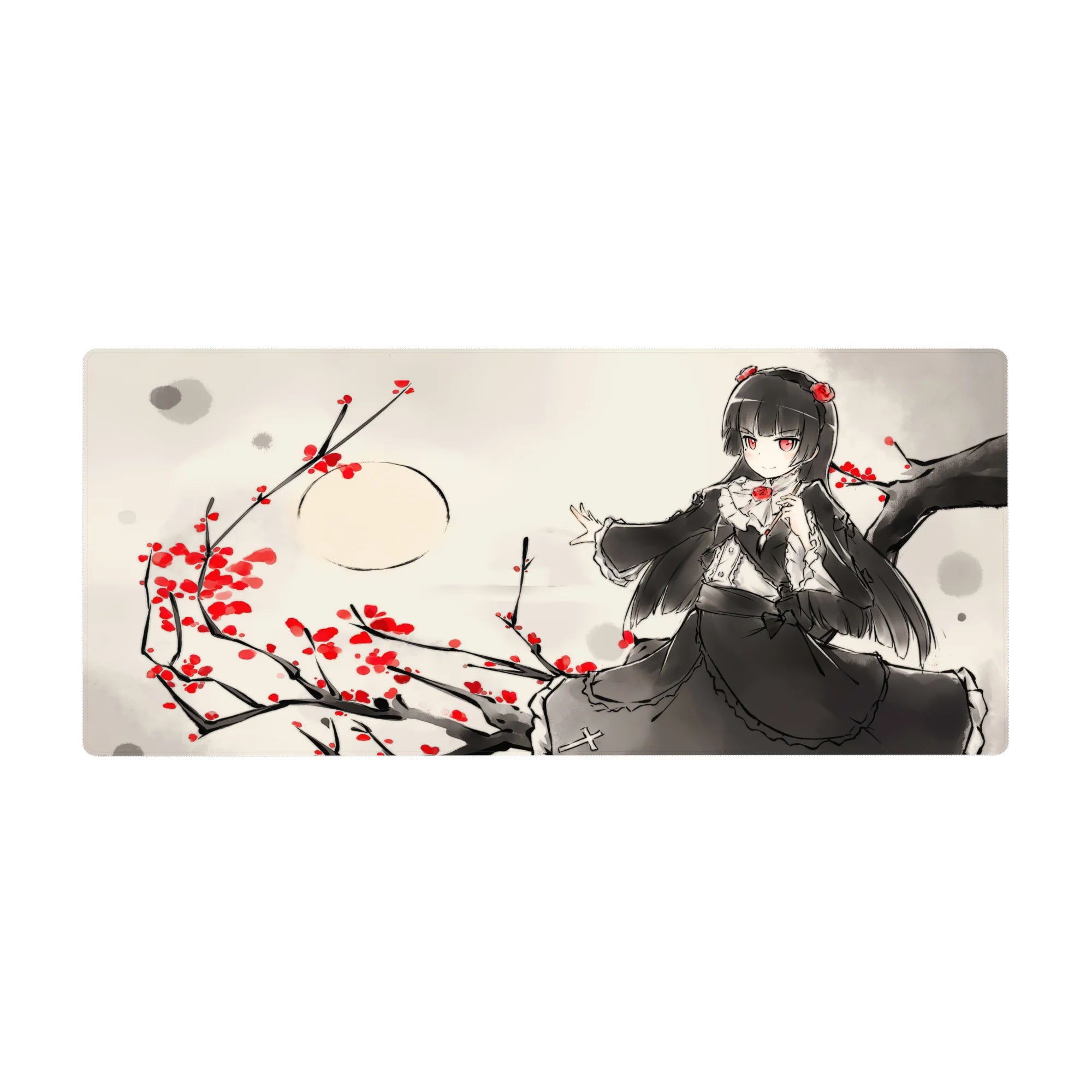 Gothic-cute anime girl desk pad 36x16 inches with raven-haired doll, black lace dress, red roses.