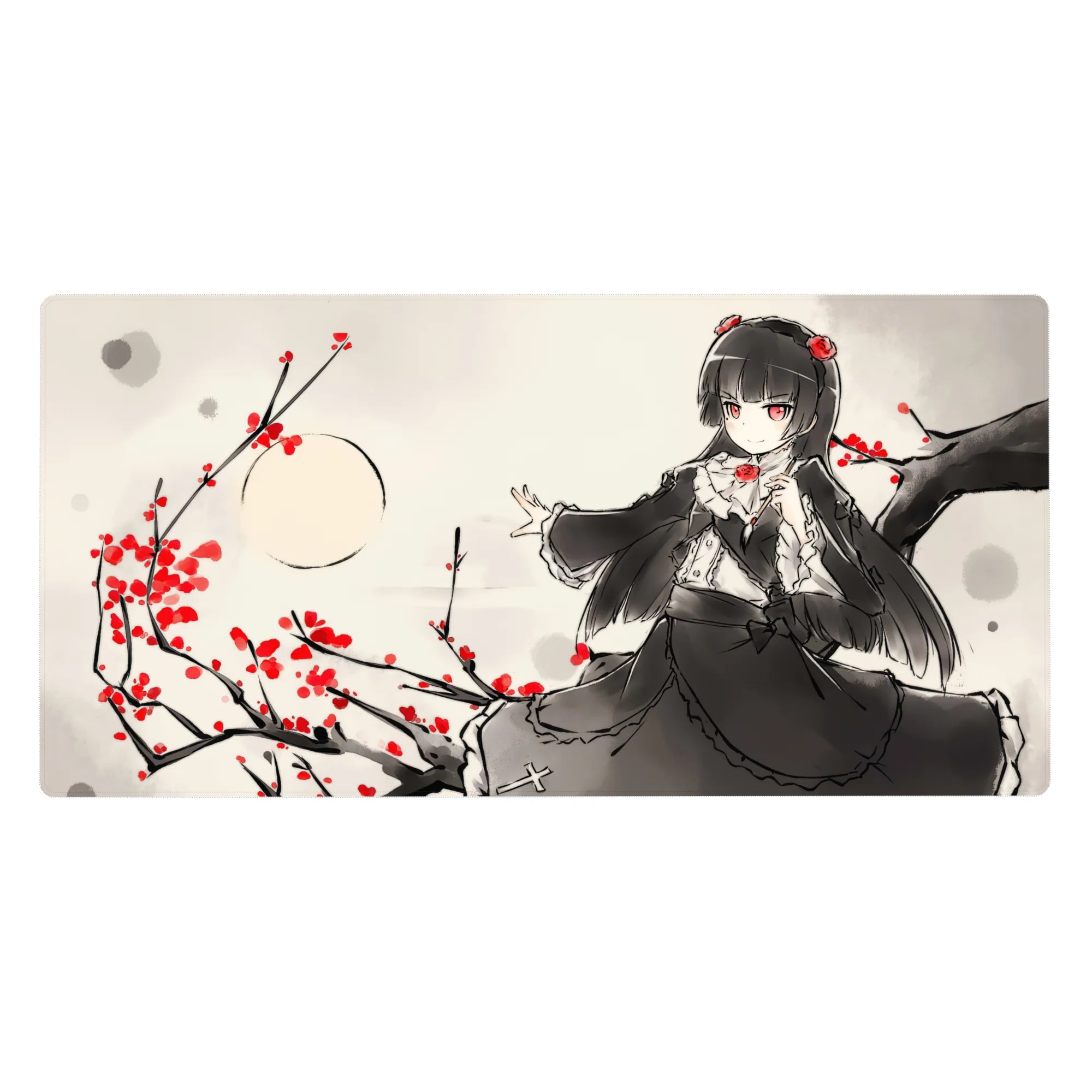 Gothic-cute anime girl desk pad 40x20 inches with lace outfit, red eyes, and rose accents.
