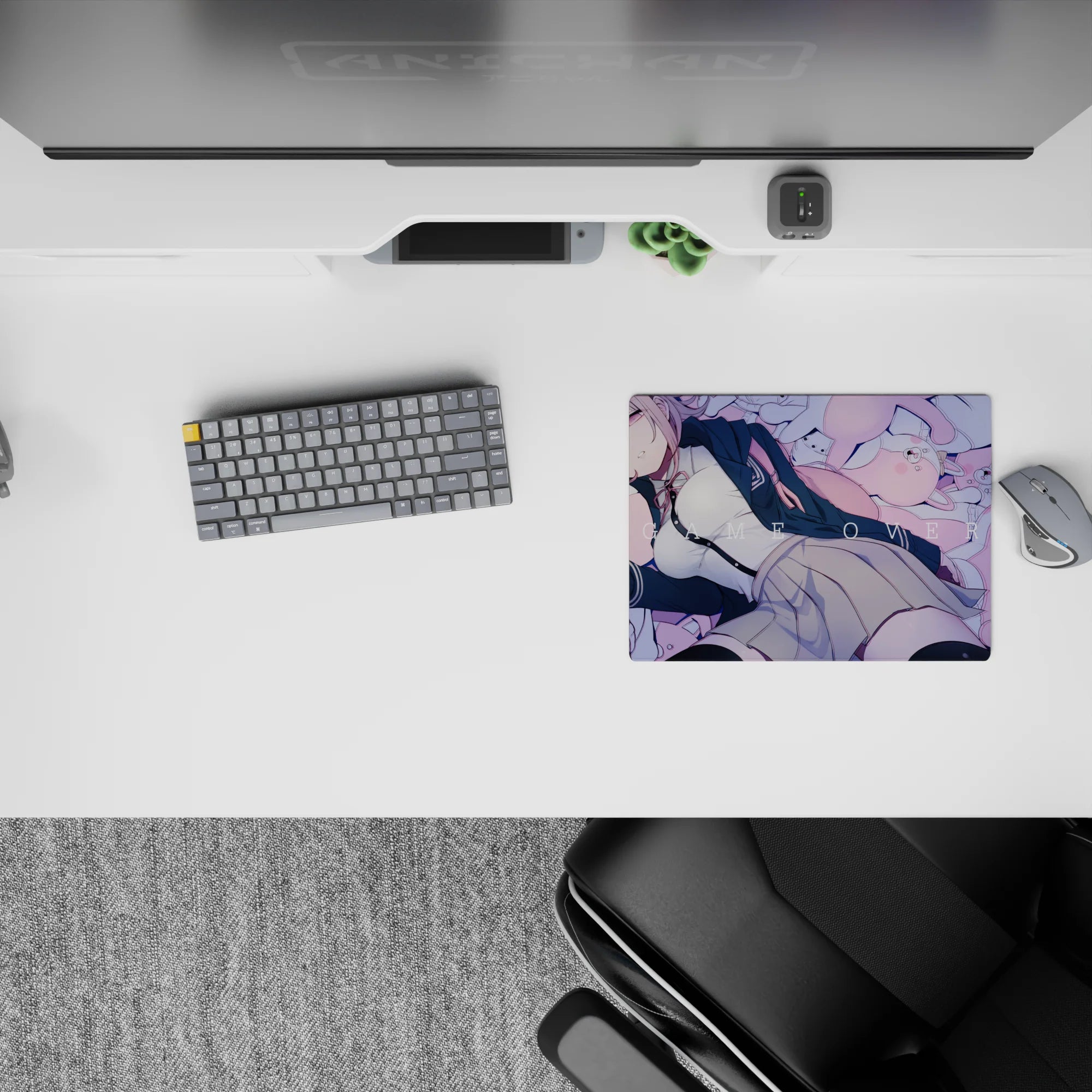 Pastel pink and lilac anime mouse pad 14x10 inches with cozy blue cardigan vibe and soft dreamy mood.