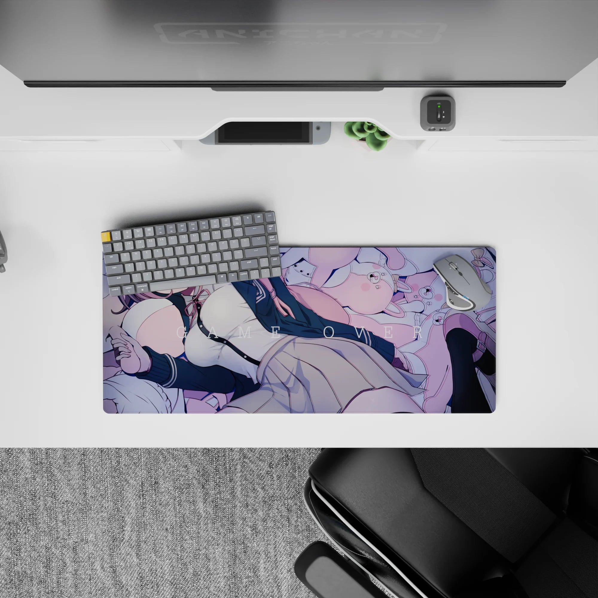 Dreamy lilac and pink anime mouse pad 28x12 inches with cozy sleepy gamer vibe and smooth glide.