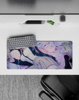 Dreamy lilac and pink anime mouse pad 28x12 inches with cozy sleepy gamer vibe and smooth glide.