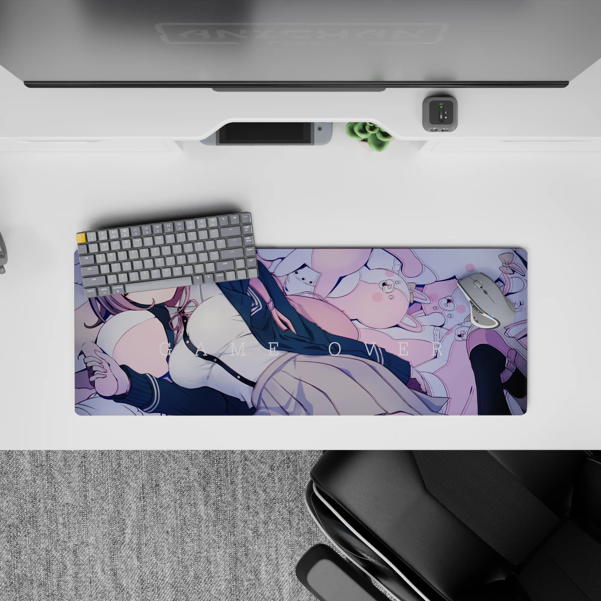 Cozy lilac and pink gamer vibe mouse pad 32x12 inches with soft blues and dreamy pastel tones.