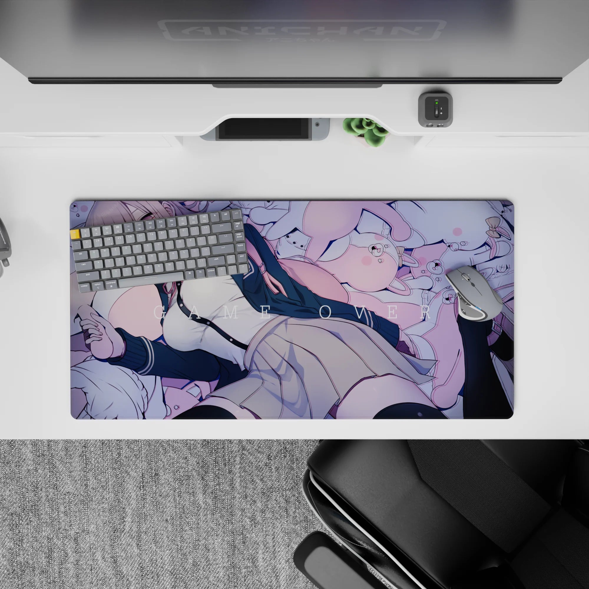 32x16 inches pastel mouse pad in dreamy pink and lilac with cozy blue cardigan vibe and sleepy gamer mood.