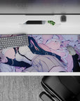 36x16 inches pastel lilac and pink desk pad with cozy sleepy gamer vibe and smooth mouse glide.