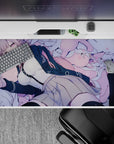 Pastel lilac and pink anime desk pad 40x20 inches with cozy sleepy gamer mood and smooth glide surface.