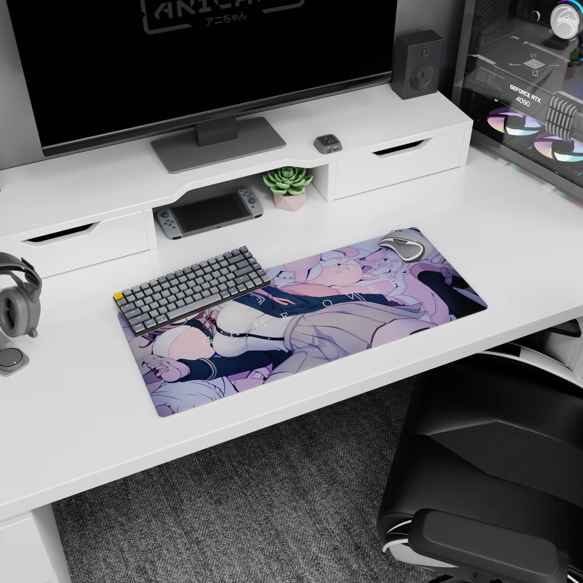 Chiaki Nanami Danganronpa mouse pad 28x12 inches, lounging with bunnies in a pastel GAME OVER scene.