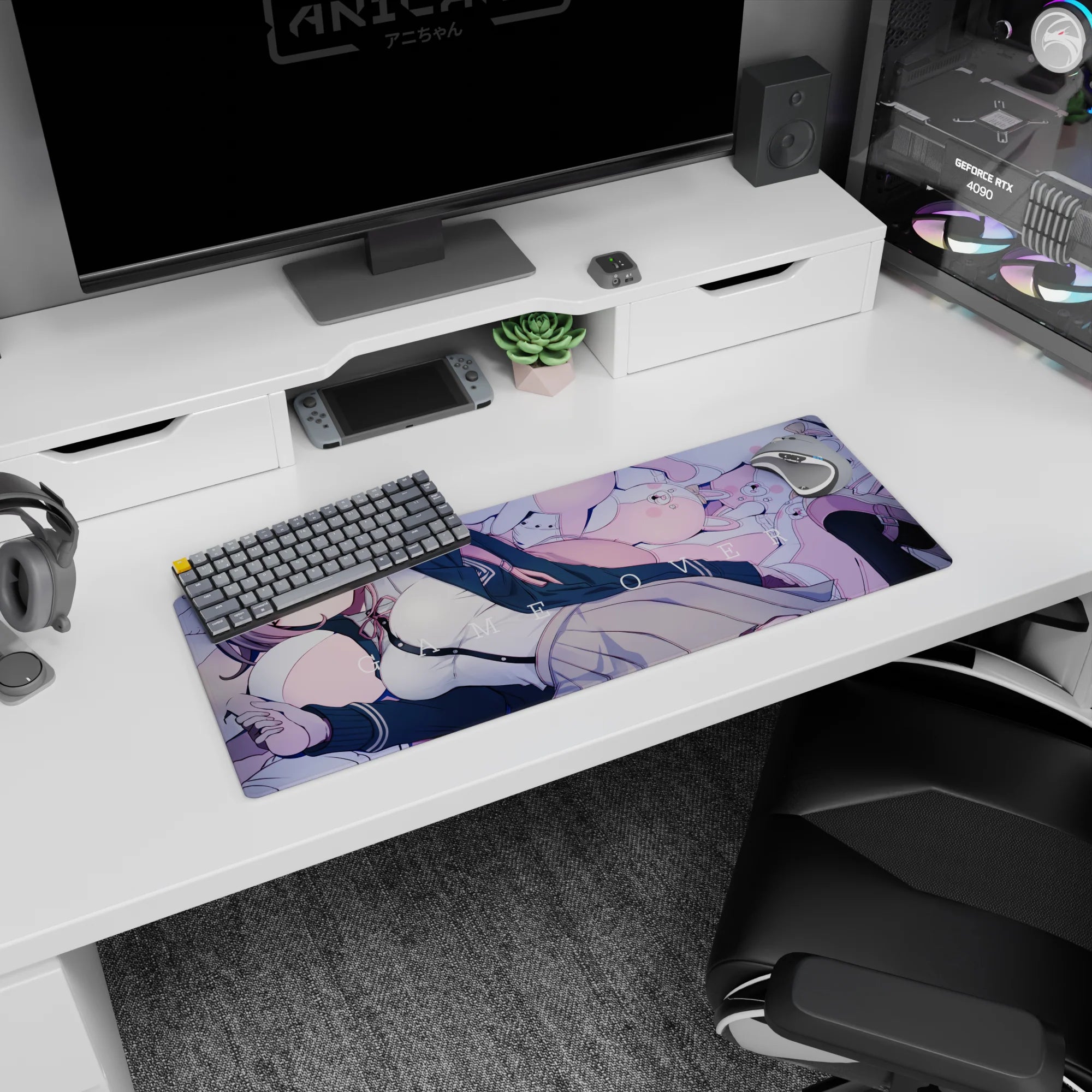 Chiaki Nanami Danganronpa mouse pad 32x12 inches, lounging with bunny plushies under GAME OVER.