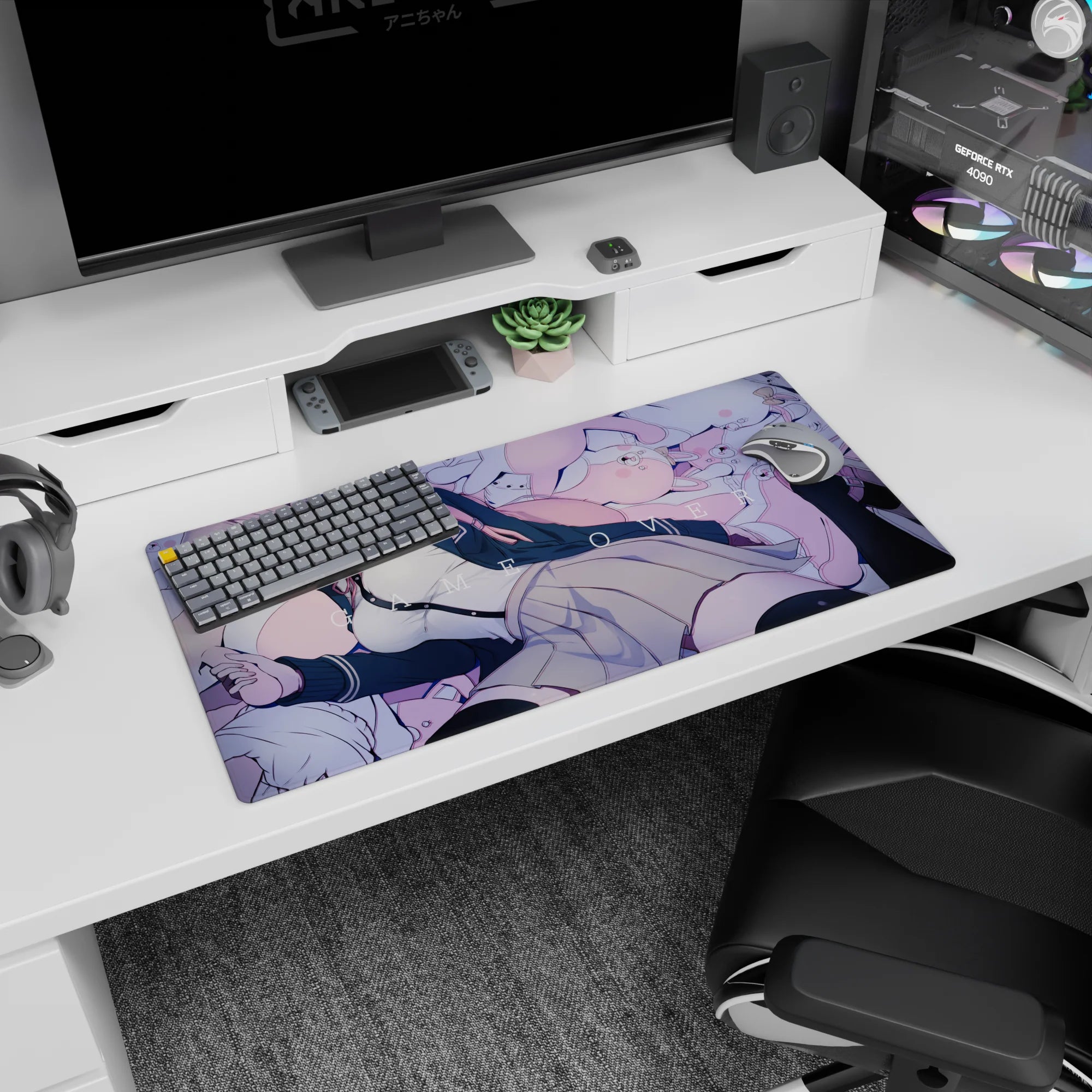 32x16 inches Chiaki Nanami Danganronpa mouse pad, lounging among plush bunnies with GAME OVER backdrop.