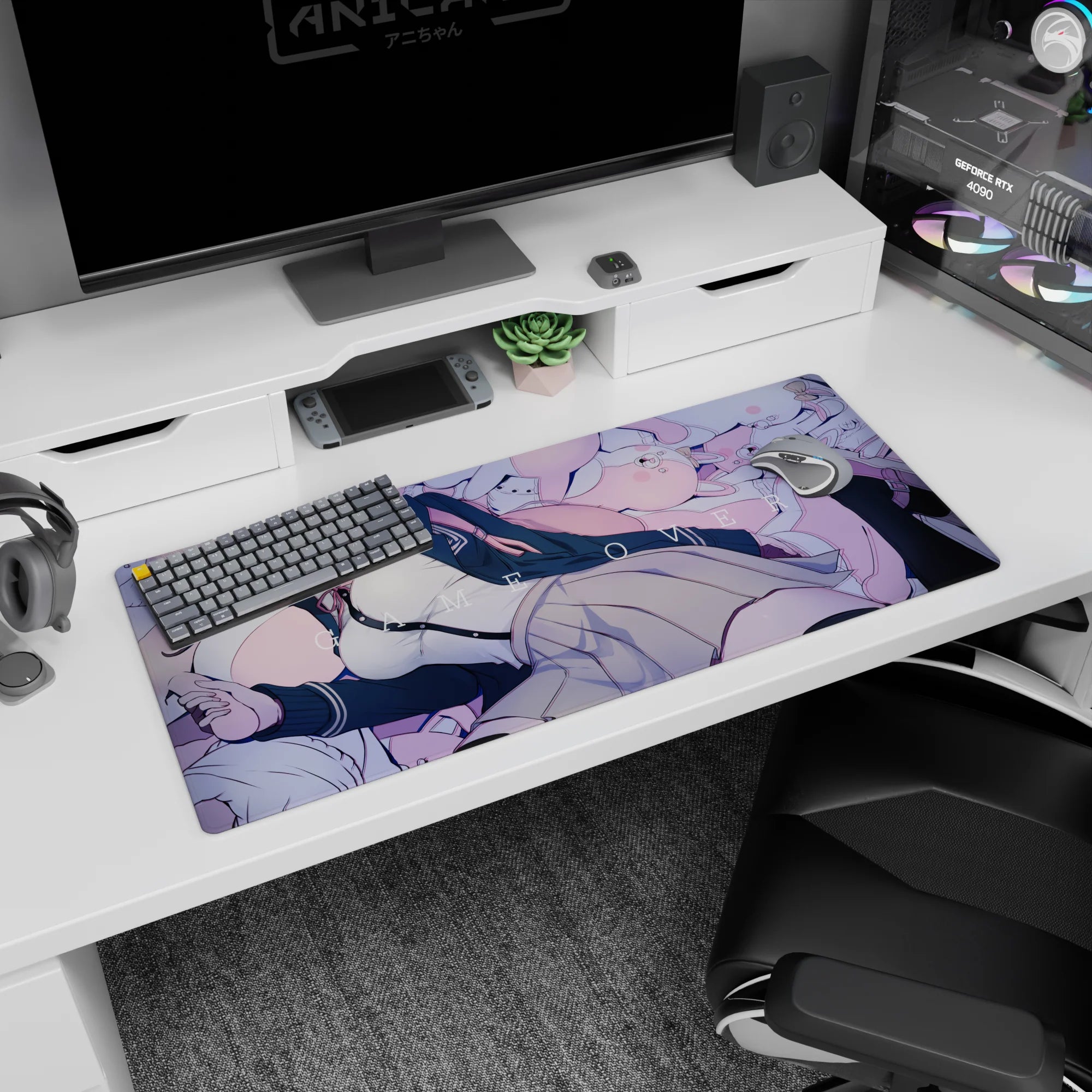 36x16 inches Chiaki Nanami desk pad from Danganronpa, lounging with plush bunnies under GAME OVER.