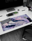 36x16 inches Chiaki Nanami desk pad from Danganronpa, lounging with plush bunnies under GAME OVER.