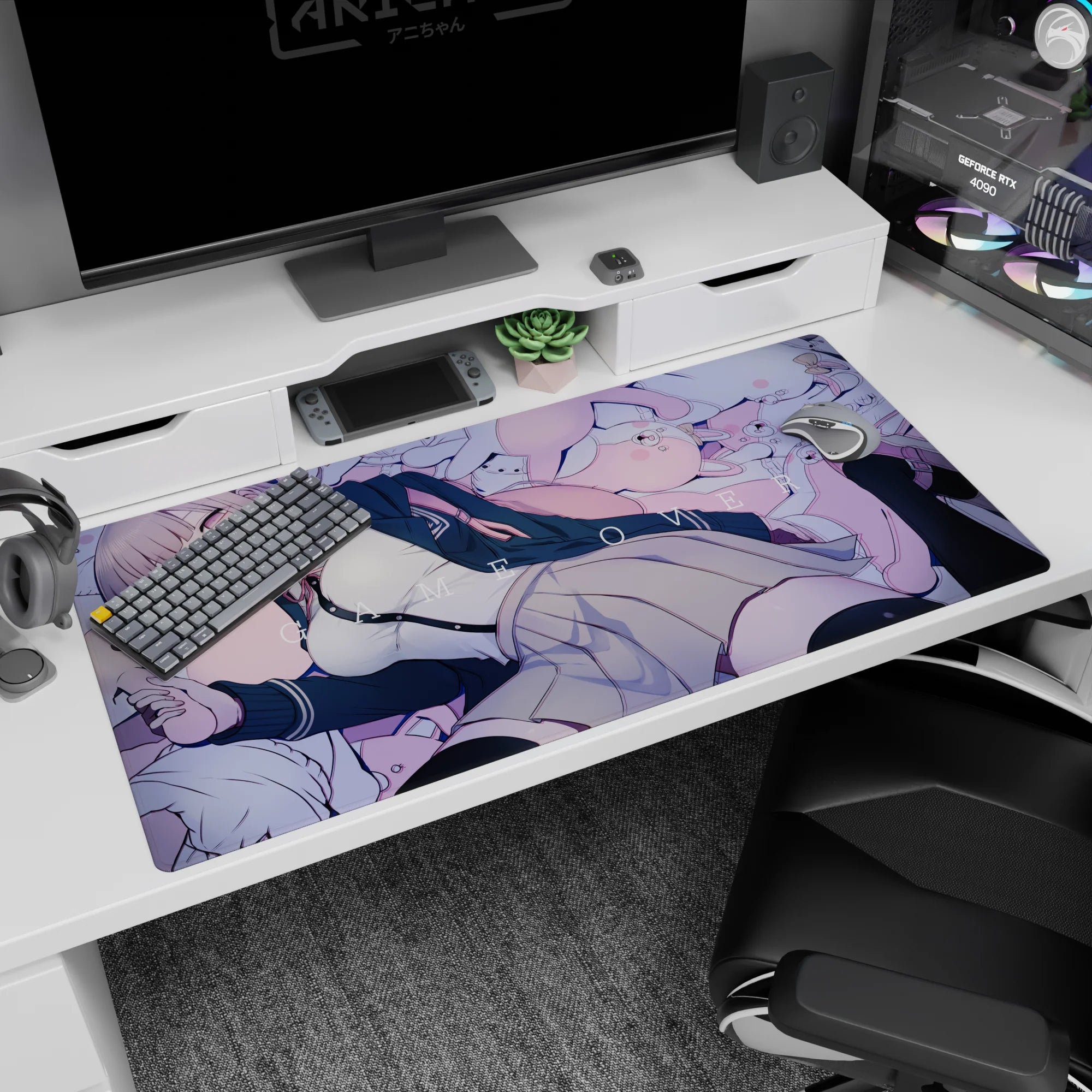 Chiaki Nanami anime desk pad 40x20 inches, lounging with plush bunnies in a dreamy pastel GAME OVER scene.