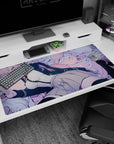 Chiaki Nanami anime desk pad 40x20 inches, lounging with plush bunnies in a dreamy pastel GAME OVER scene.
