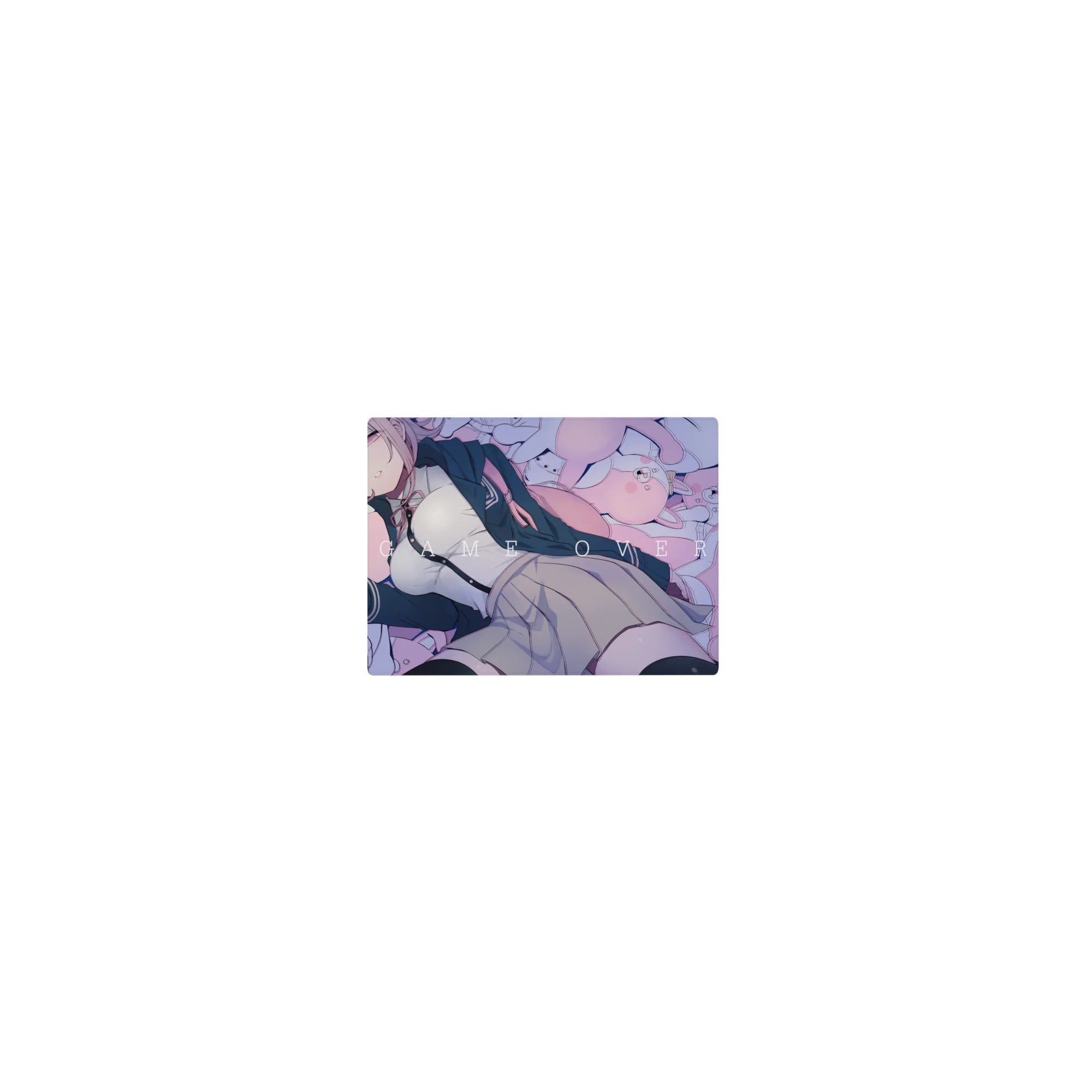 Classic anime girl mouse pad 14x10 inches with gamer girl, plush bunnies, pink dots, and GAME OVER text.