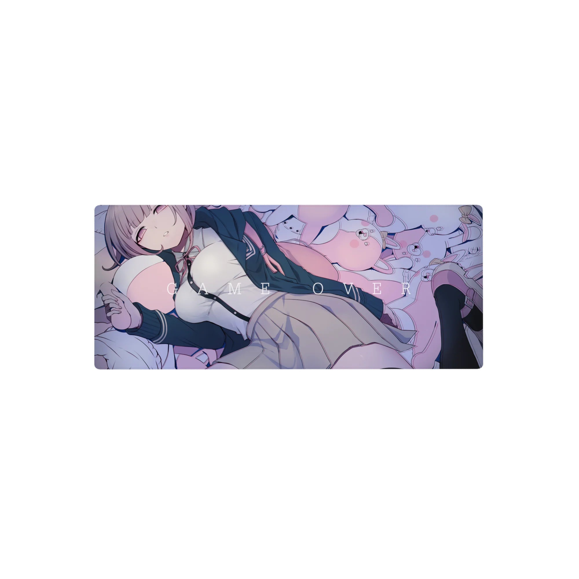 Pastel anime girl mouse pad 28x12 inches with plush bunnies, pink dots, and GAME OVER text.
