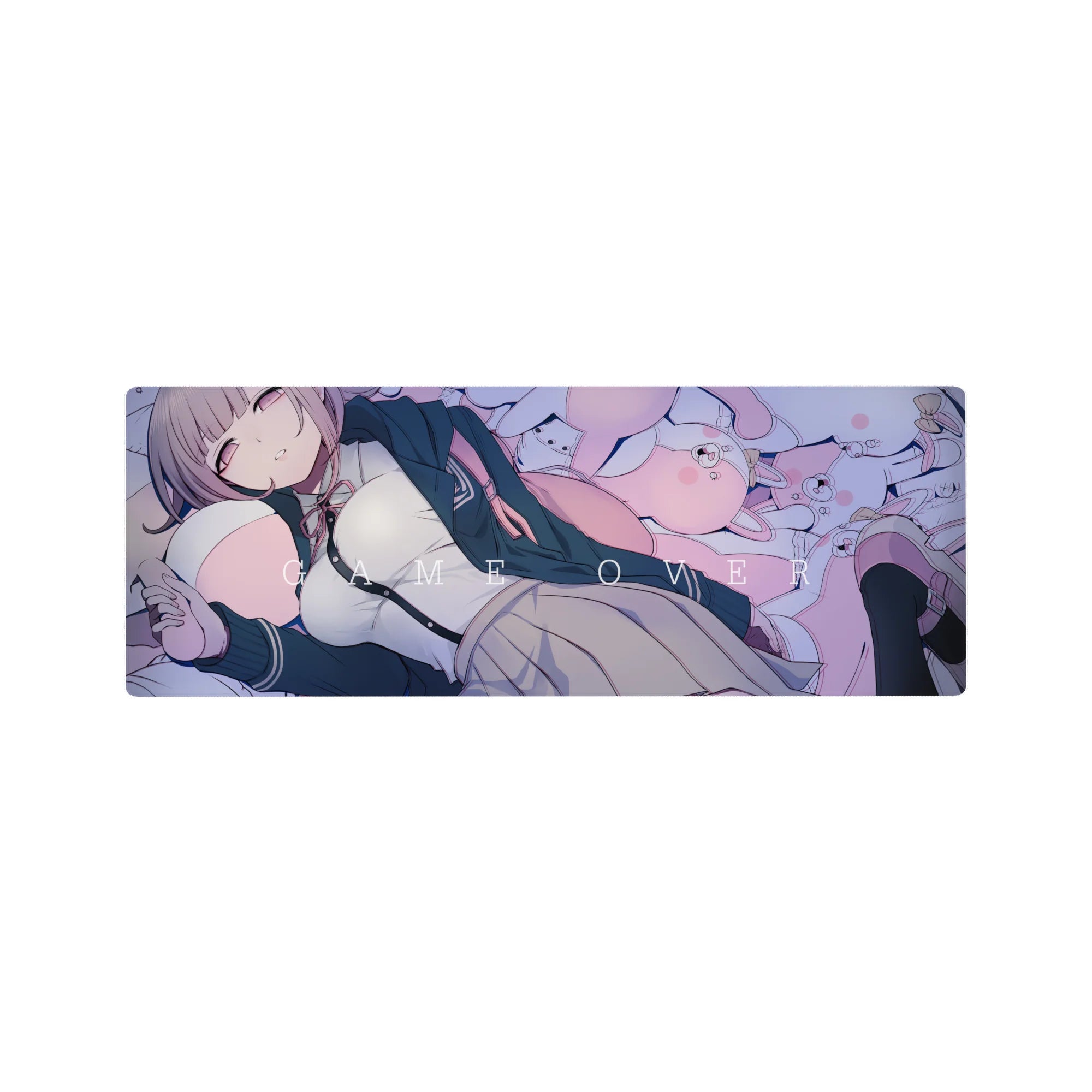 Pastel anime girl mouse pad 32x12 inches with plush bunnies, pink dots, and GAME OVER text.