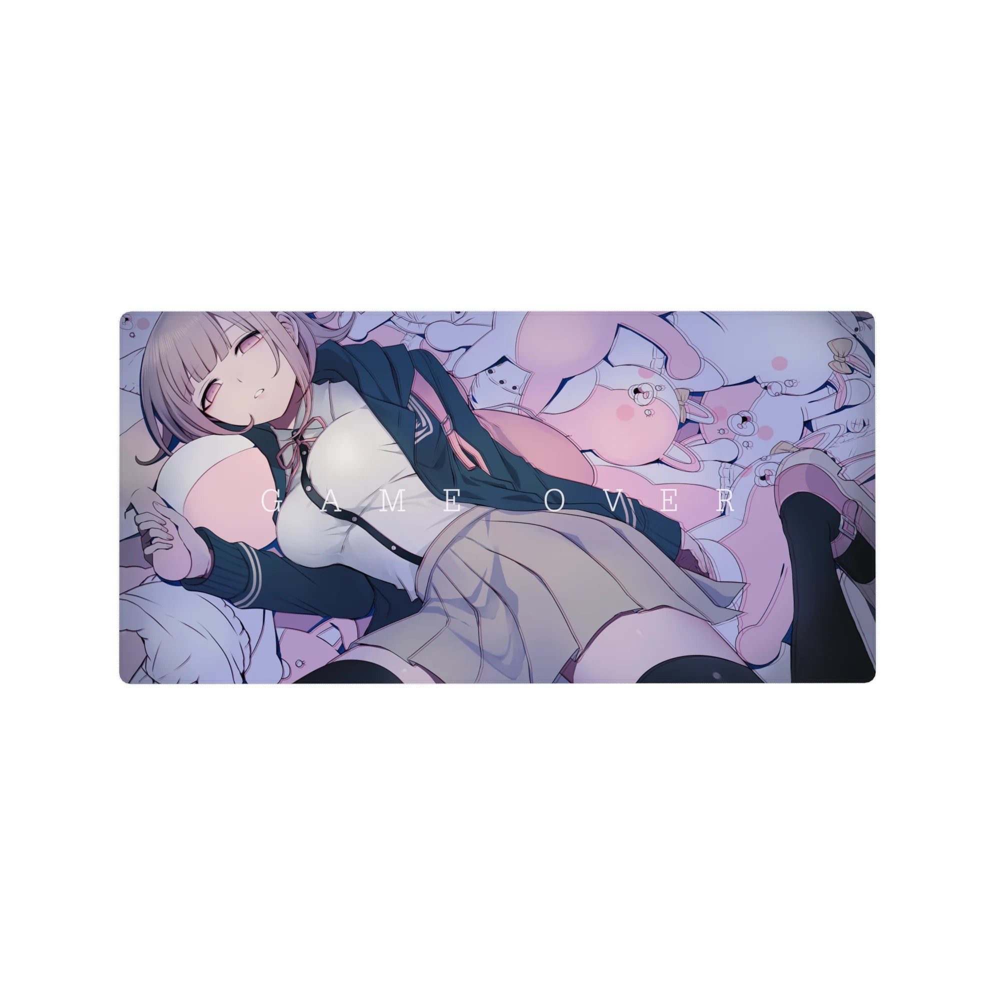 32x16 inches anime girl mouse pad with pastel gamer art, plush bunnies, pink dots, and GAME OVER text.