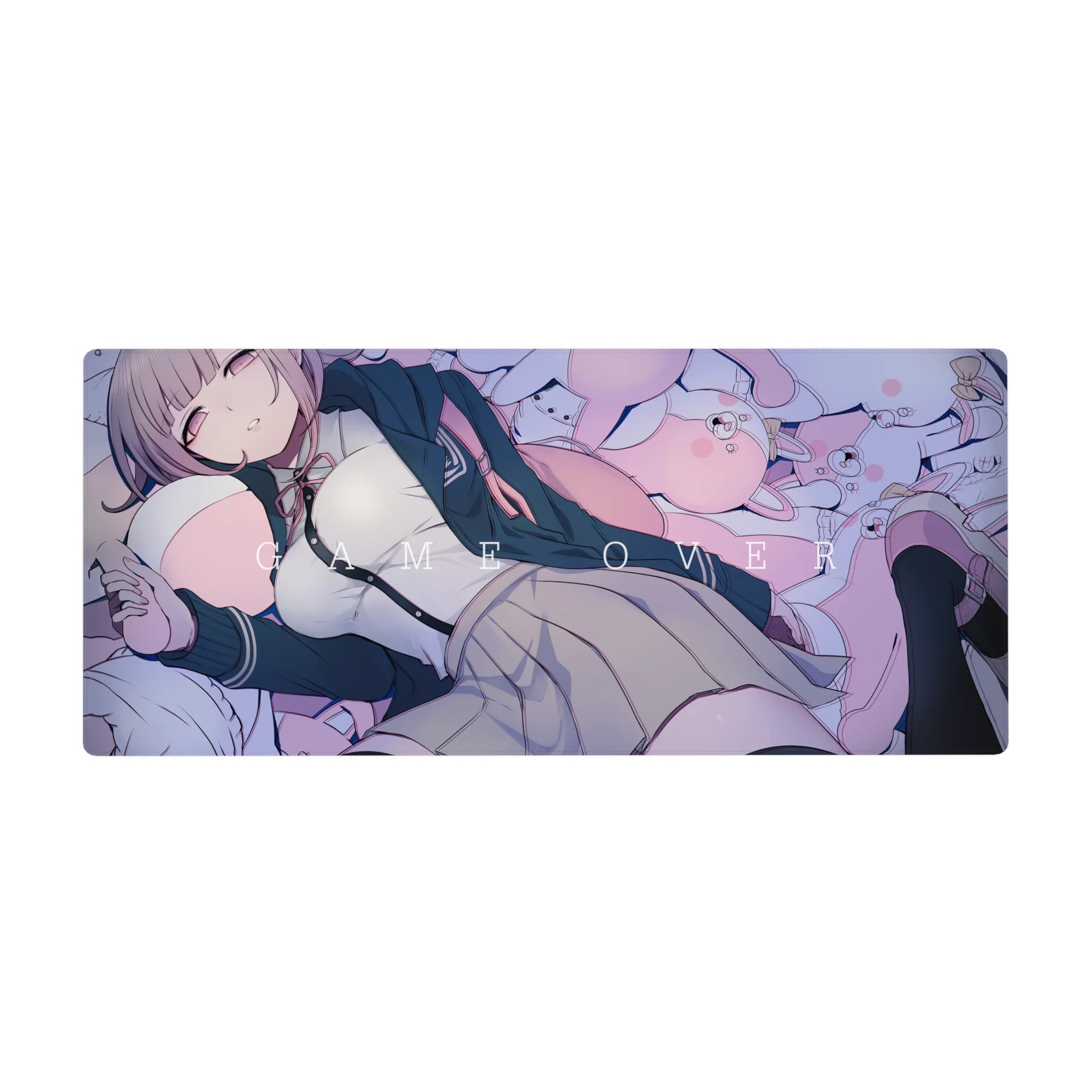 36x16 inches anime girl desk pad with pastel bunnies, pink dots, and GAME OVER gamer theme.