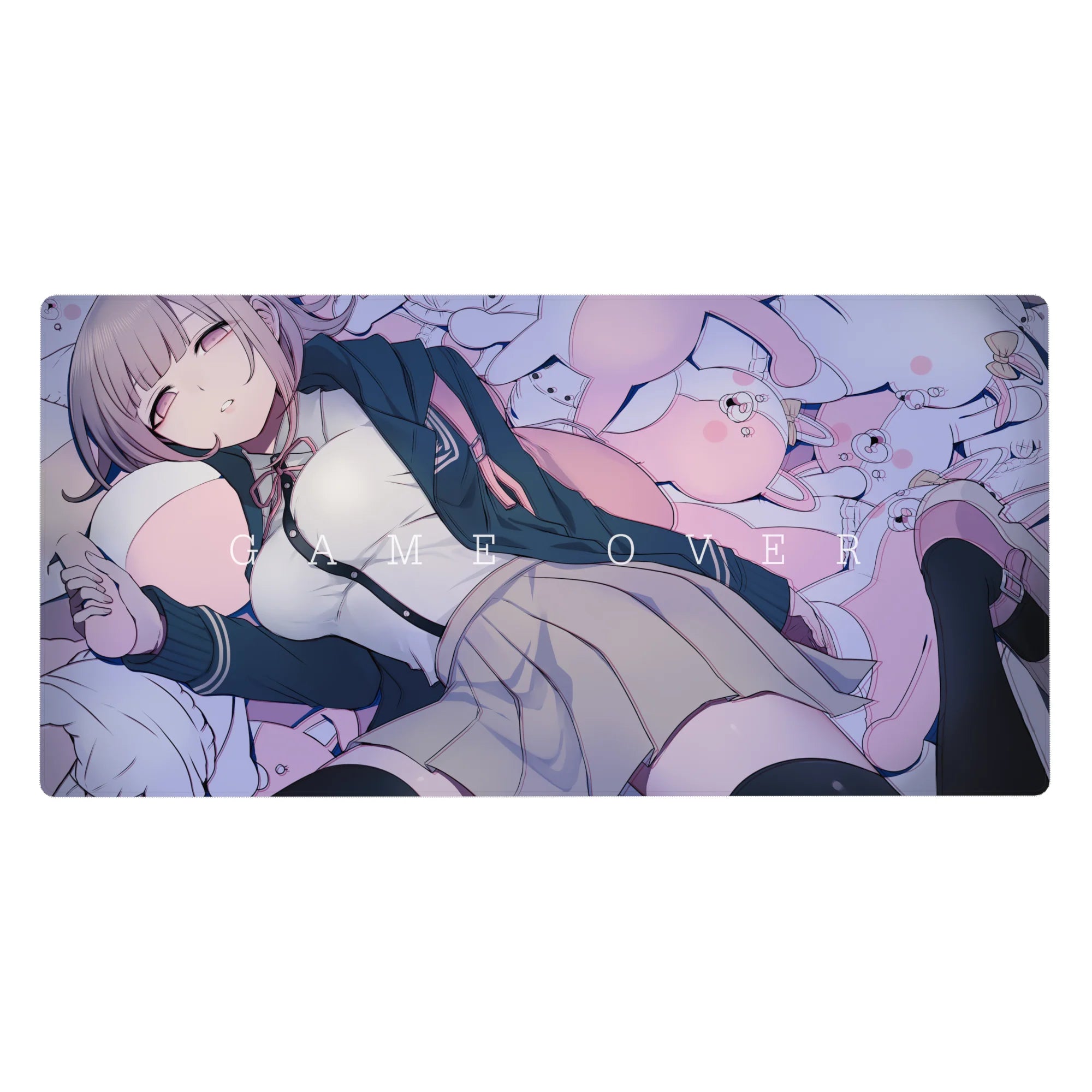Anime girl desk pad 40x20 inches with pastel gamer theme, plush bunnies, pink dots, and GAME OVER text.