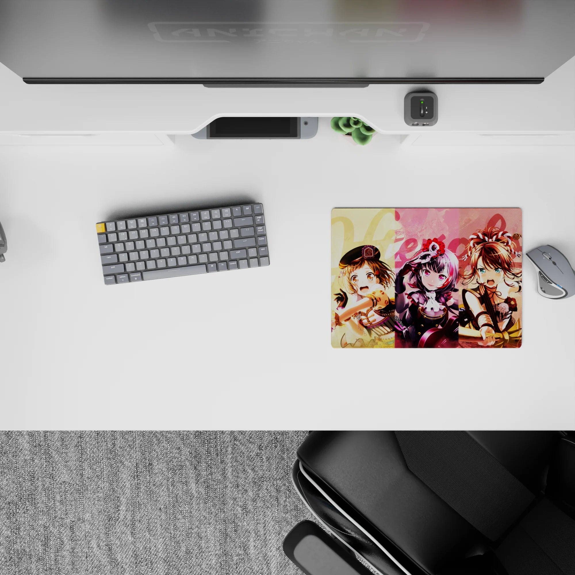 Pastel yellow-pink-blue anime desk mouse pad 14x10 inches, bright playful chaotic vibe, lace and ribbons.