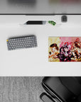 Pastel yellow-pink-blue anime desk mouse pad 14x10 inches, bright playful chaotic vibe, lace and ribbons.