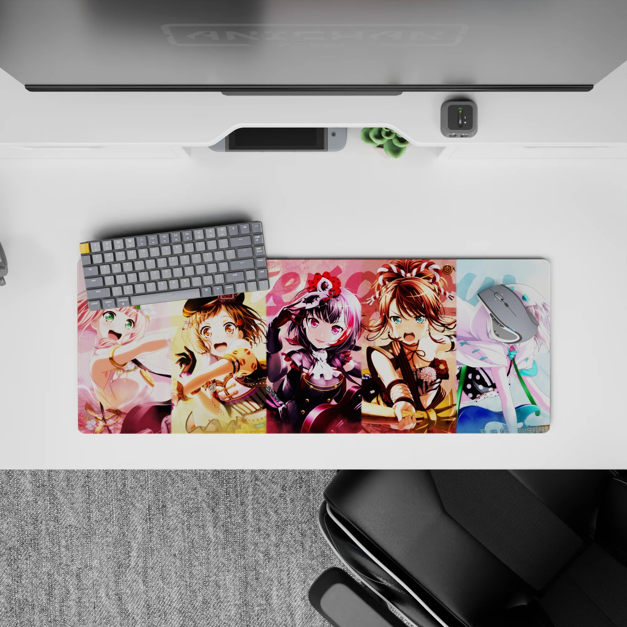 32x12 inches pastel yellow-pink-blue anime desk mat, bright loud playful vibe with sparkly Welcome accents.
