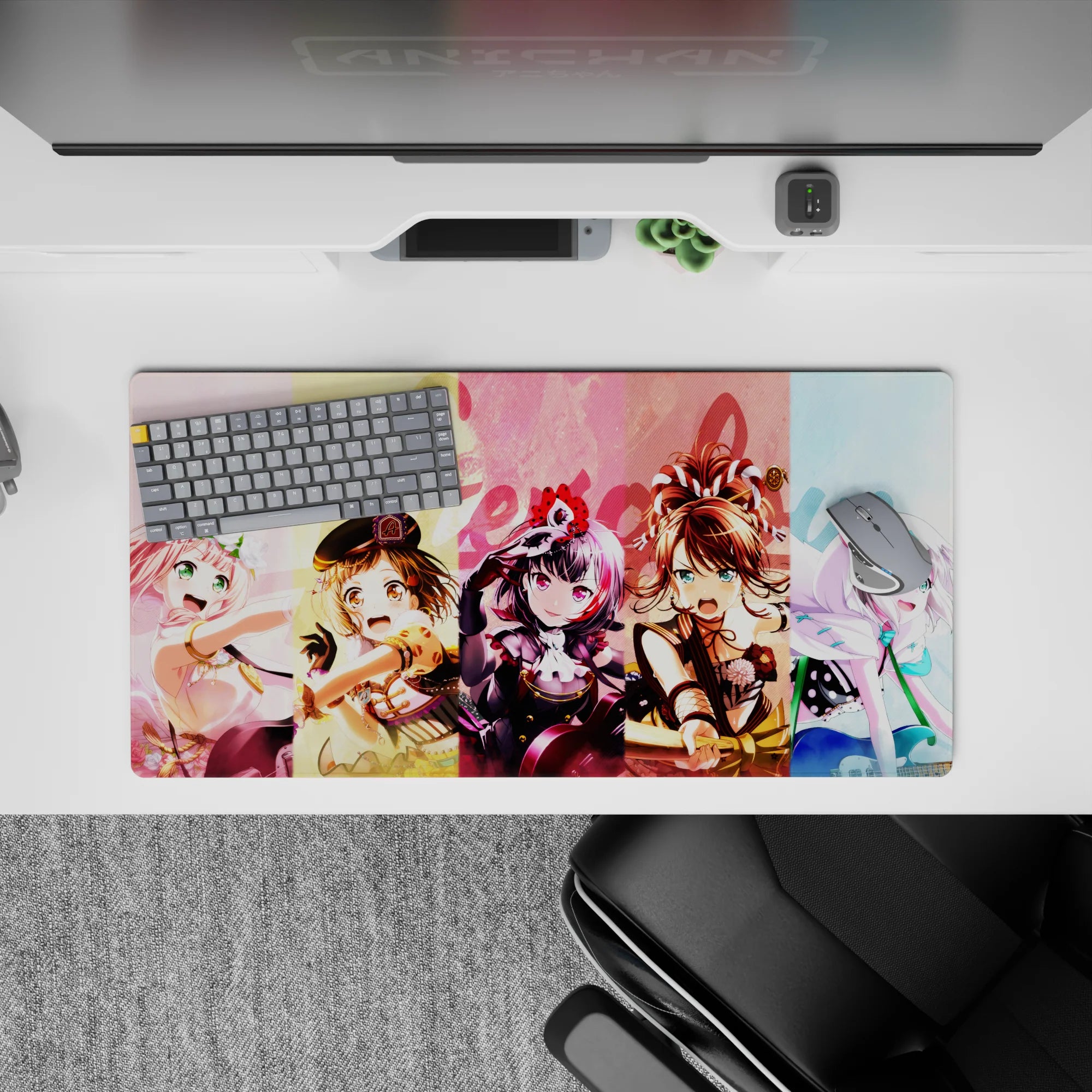32x16 inches pastel anime mouse pad in yellow, pink, and cool blue with sparkly, playful stage vibes.