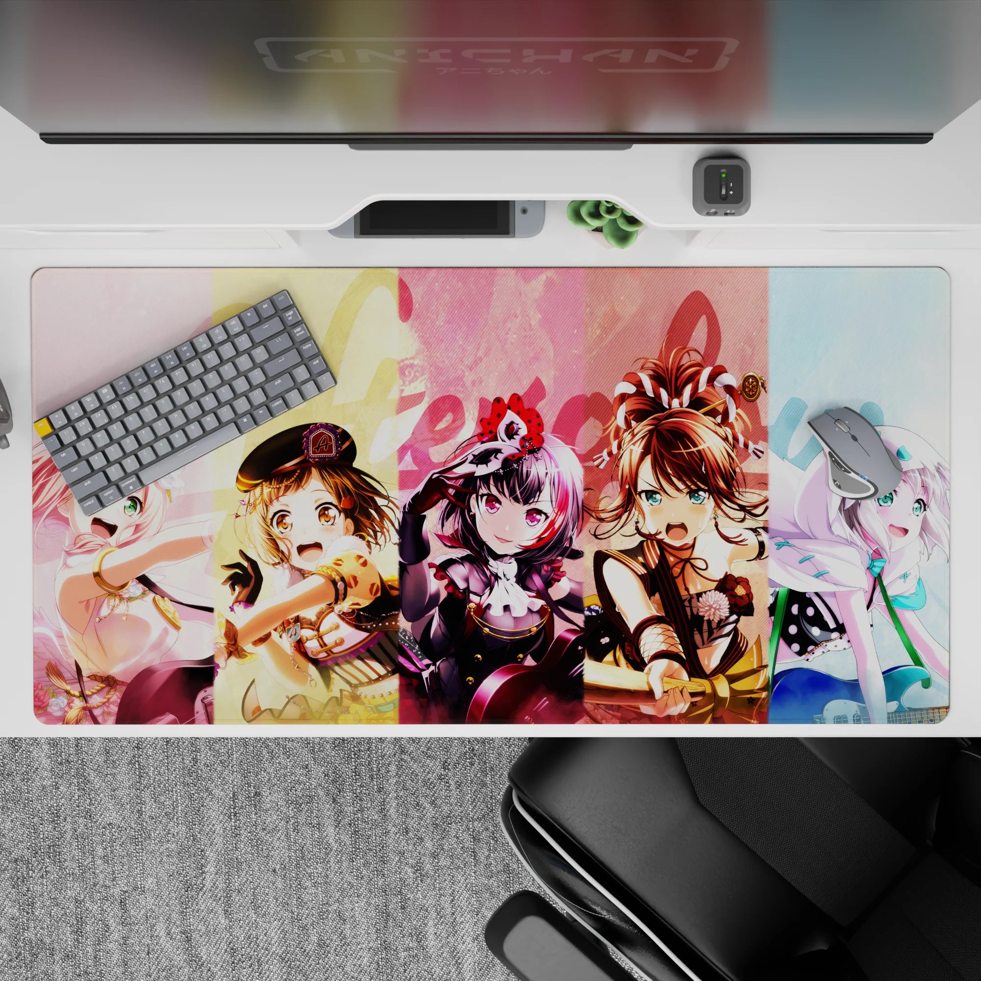 Pastel yellow-to-pink-to-blue anime girl desk pad 40x20 inches, bright loud cute stage vibe.