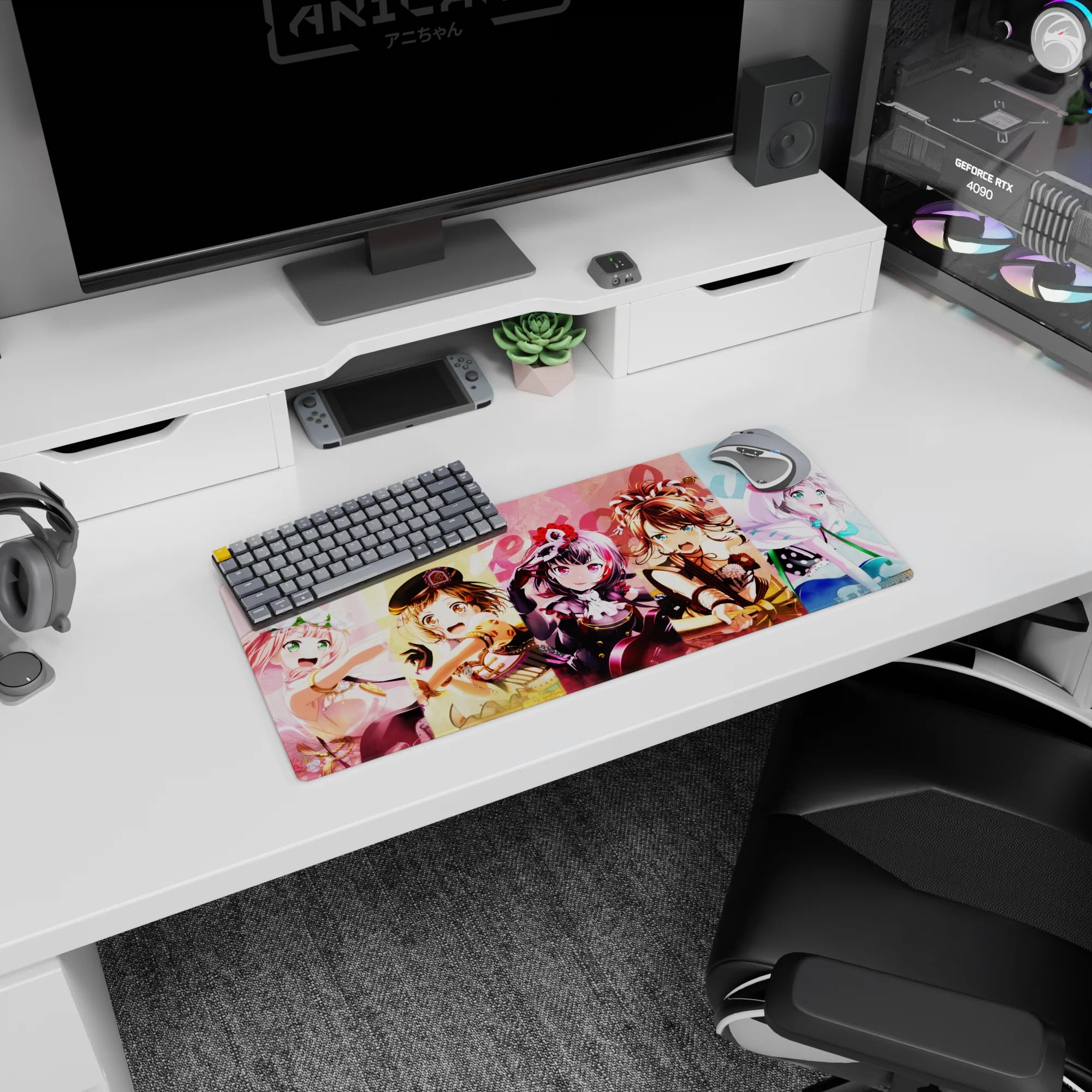 28x12 inches anime girl mouse pad with Kasumi Toyama leading Ran, Yukina, Tae, and Aya charging in.