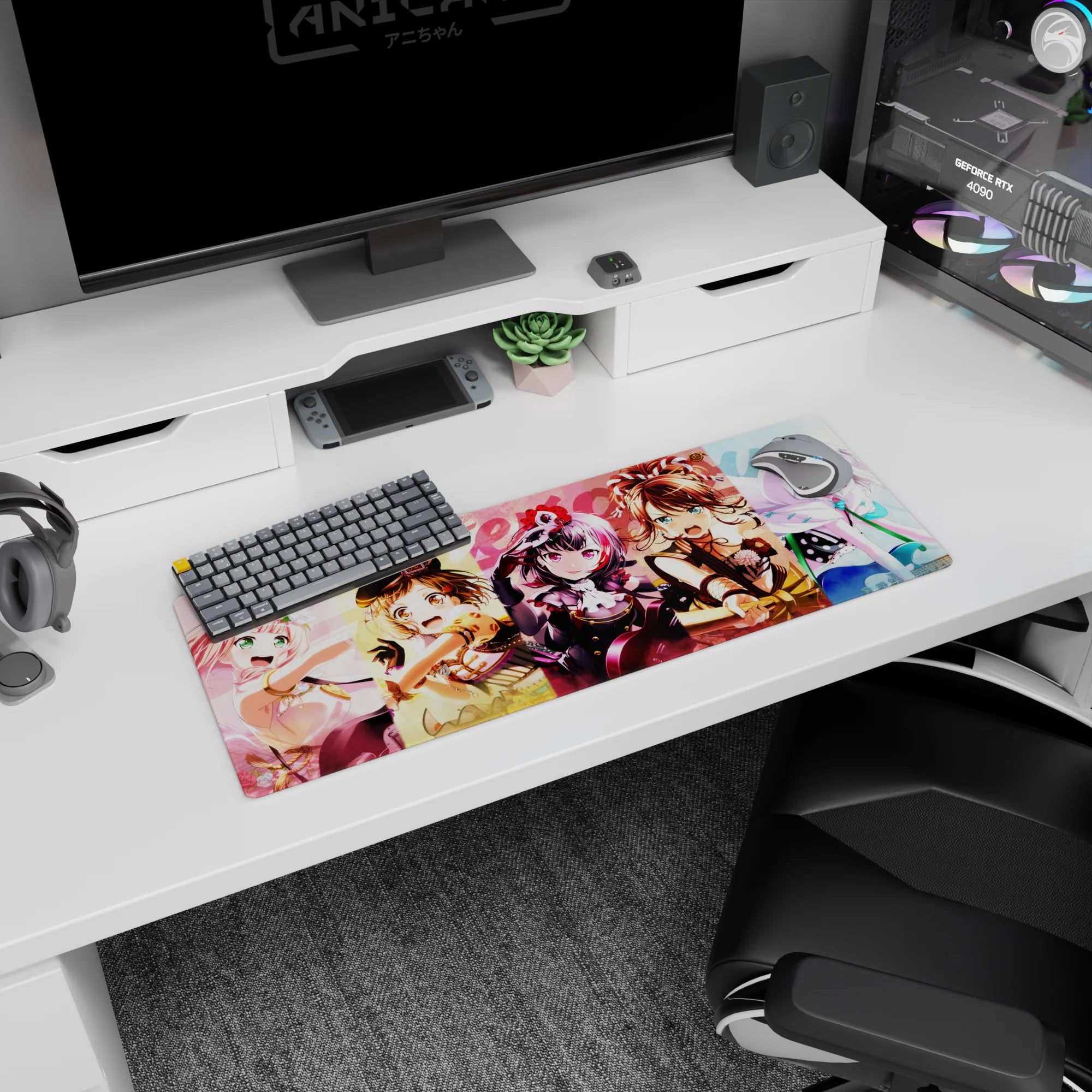 32x12 inches anime girl mouse pad showing Kasumi Toyama with Ran, Yukina, Tae, and Aya charging in.