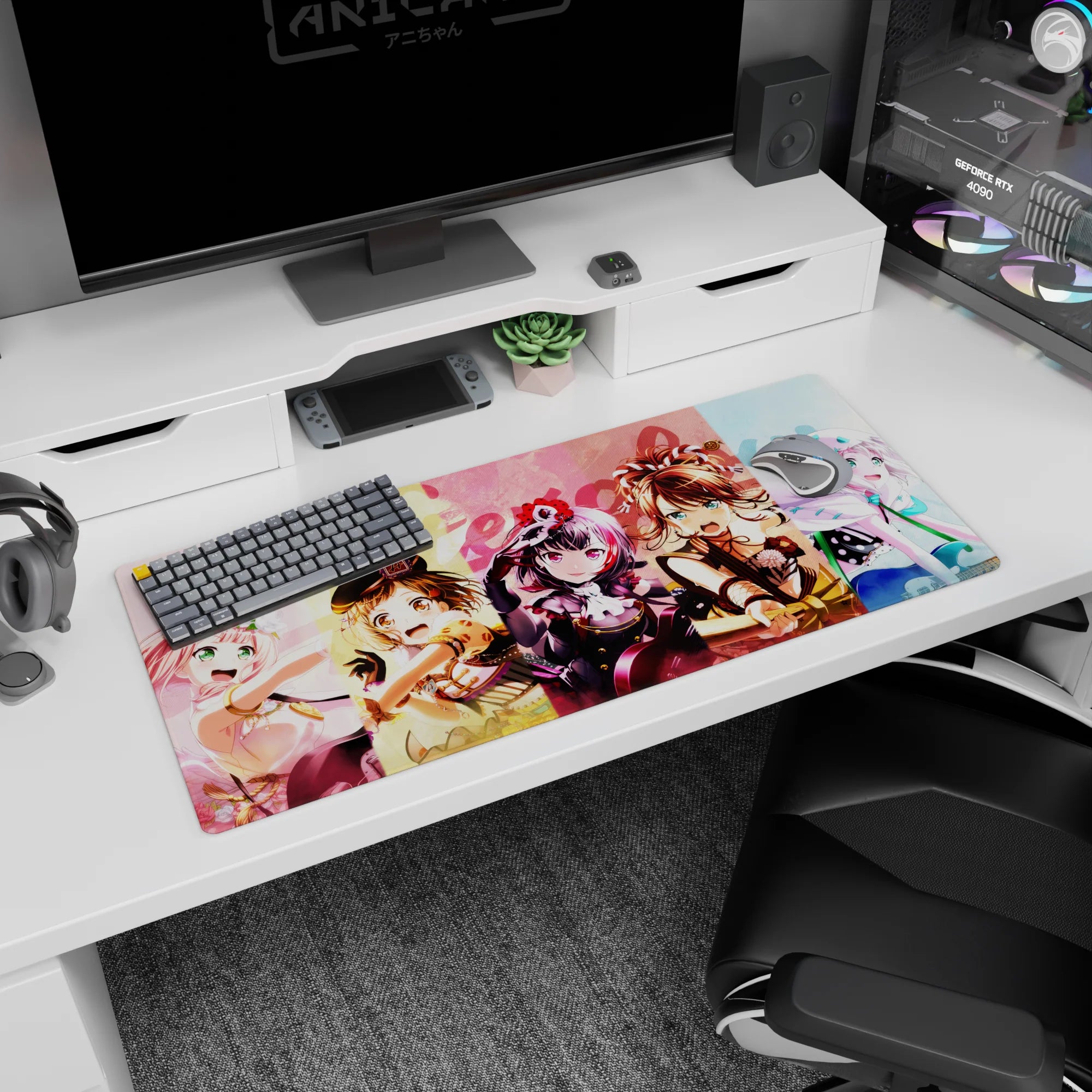 Kasumi Toyama and friends charging in on anime girl desk pad 36x16 inches with sparkly accents.