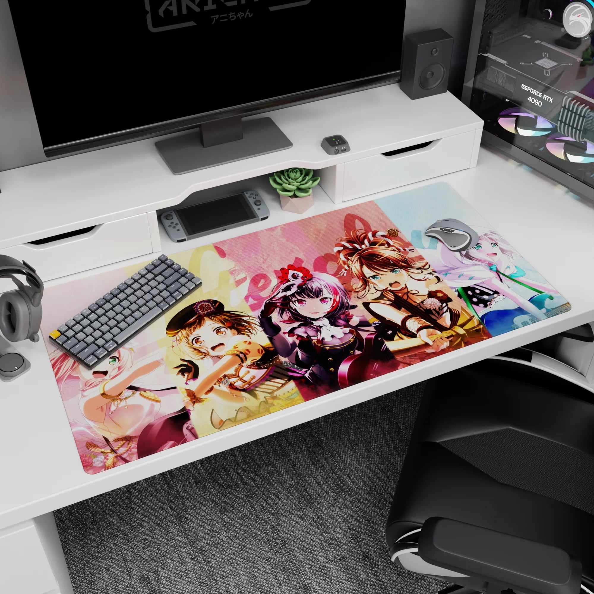 Kasumi Toyama leading friends charging in on anime girl desk pad 40x20 inches with sparkly accents.