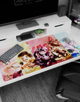 Kasumi Toyama leading friends charging in on anime girl desk pad 40x20 inches with sparkly accents.