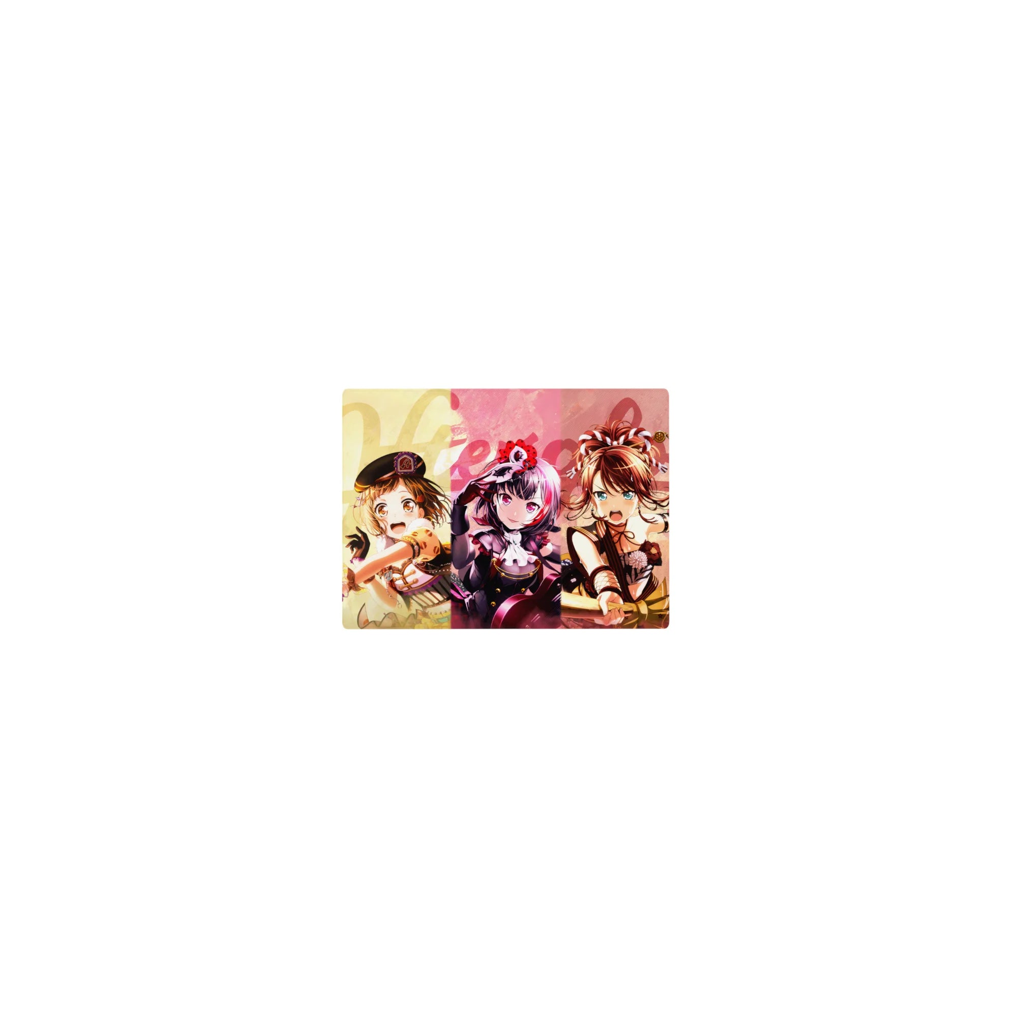 BanG Dream! anime girl mouse pad 14x10 inches with five band girls, Welcome text, sparkly accents.