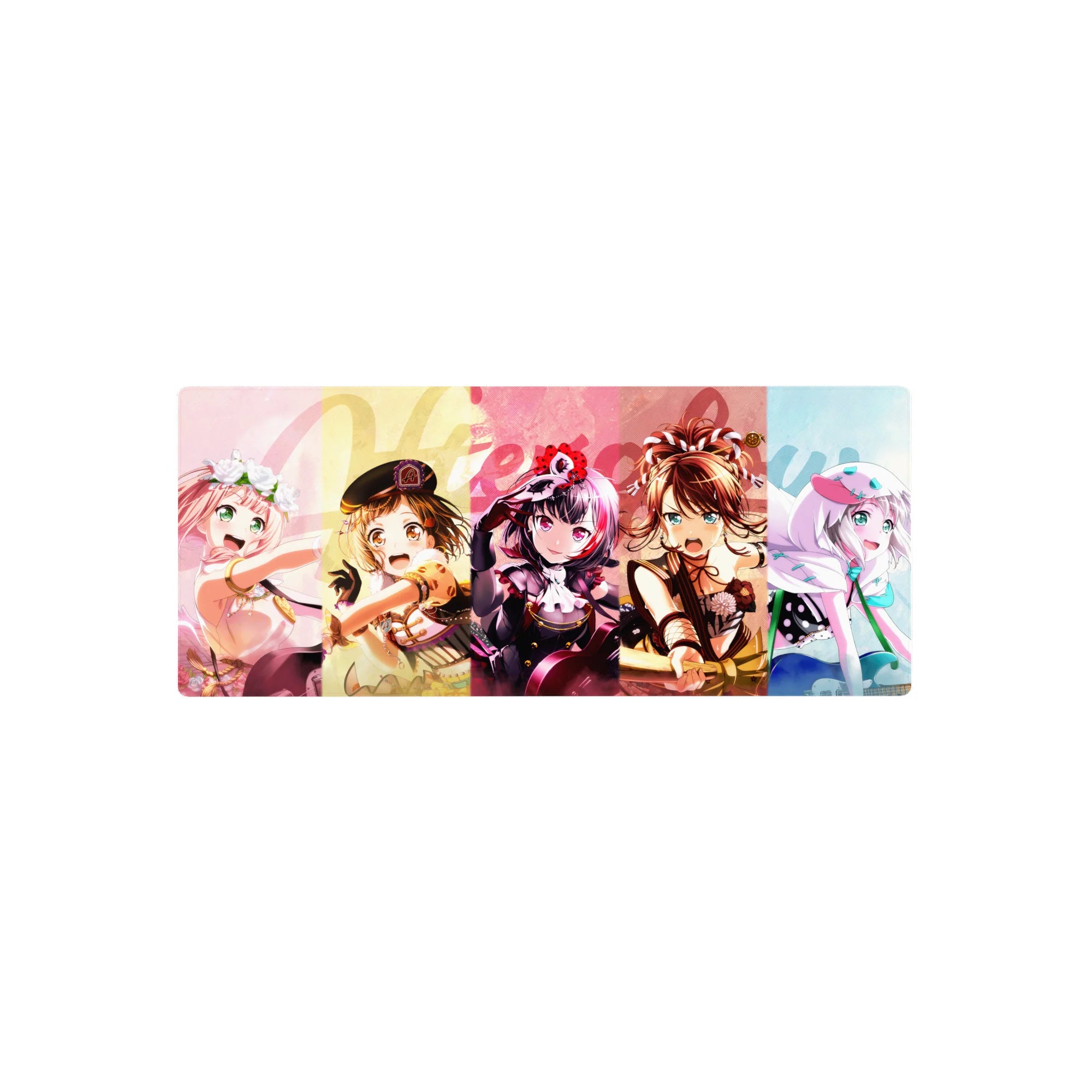28x12 inches anime girl mouse pad with BanG Dream! band members and bold Welcome lettering, sparkly accents.