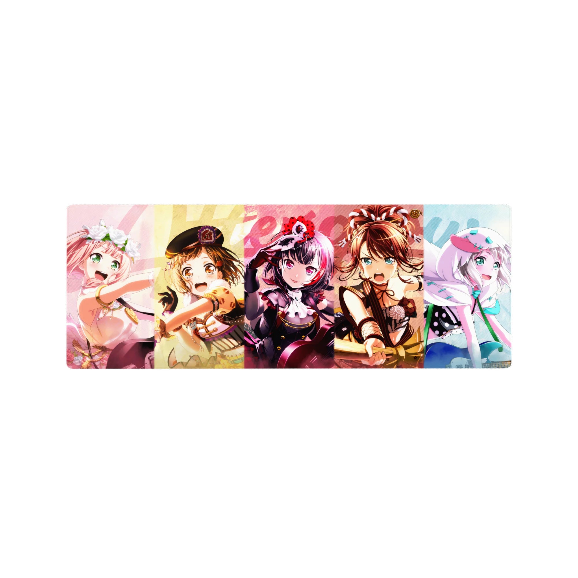 32x12 inches BanG Dream! anime girl mouse pad with five idols, Welcome text, lace and ribbons, sparkles.