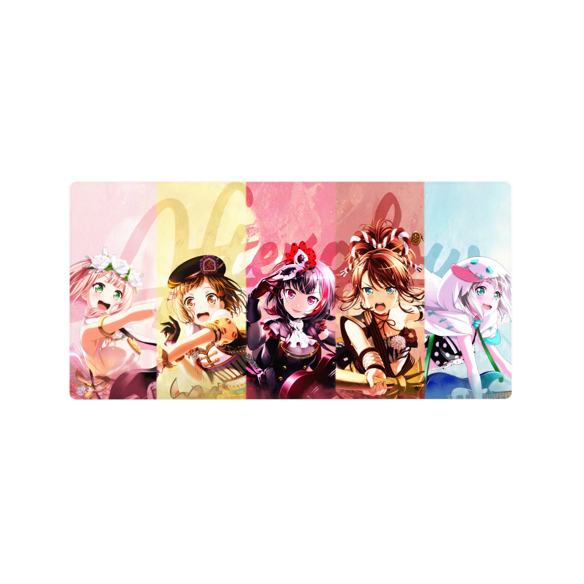 32x16 inches anime girl mouse pad with BanG Dream! band members, Welcome text, lace and ribbon outfits.