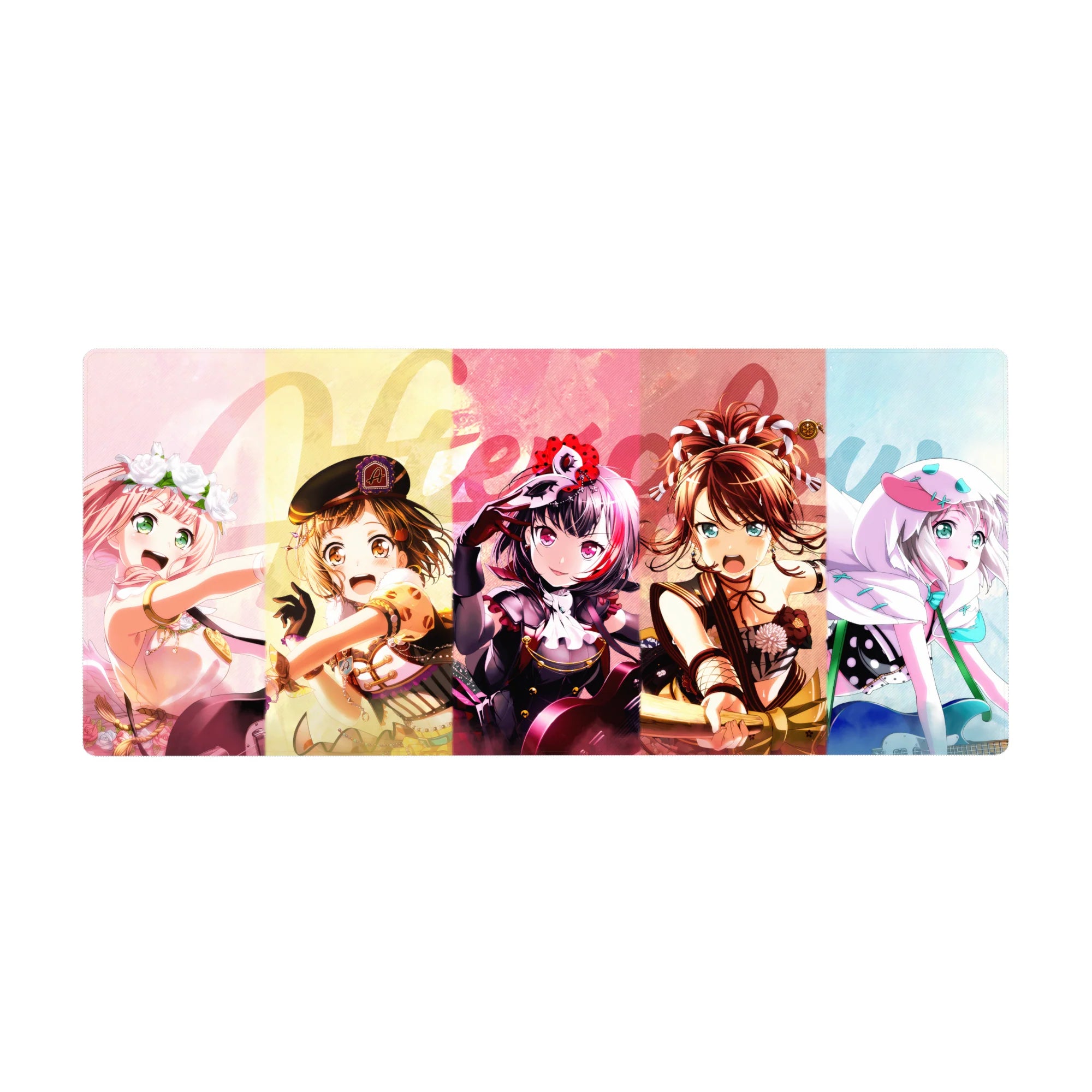 BanG Dream! anime girl desk pad 36x16 inches with five girls, Welcome text, lace and ribbons.